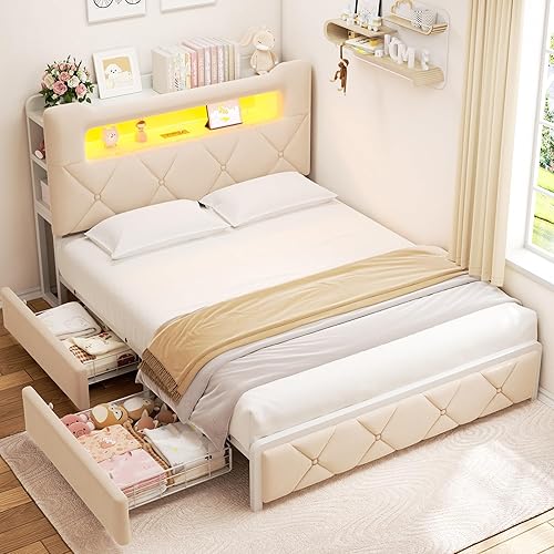 Miniatura 10 de Base de cama LED tapizada tamaño Queen con 2 cajones de almacenamiento y cabecera de almacenamiento de 2 niveles, cama de plataforma de terciopelo
