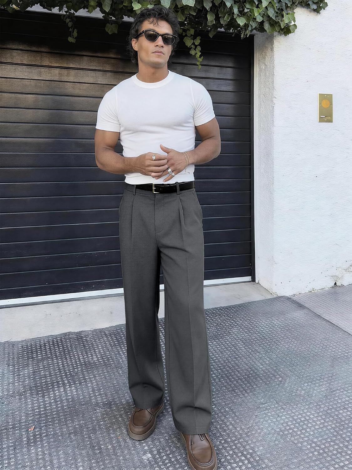 PLEPAN Men's Casual Dress Pants Pleated Baggy Wide Leg Relaxed Fit Slacks Expandable Waist Trousers