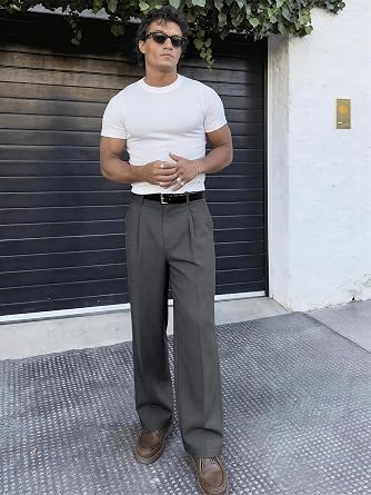 PLEPAN Men's Casual Dress Pants Pleated Baggy Wide Leg Relaxed Fit Slacks Expandable Waist Trousers