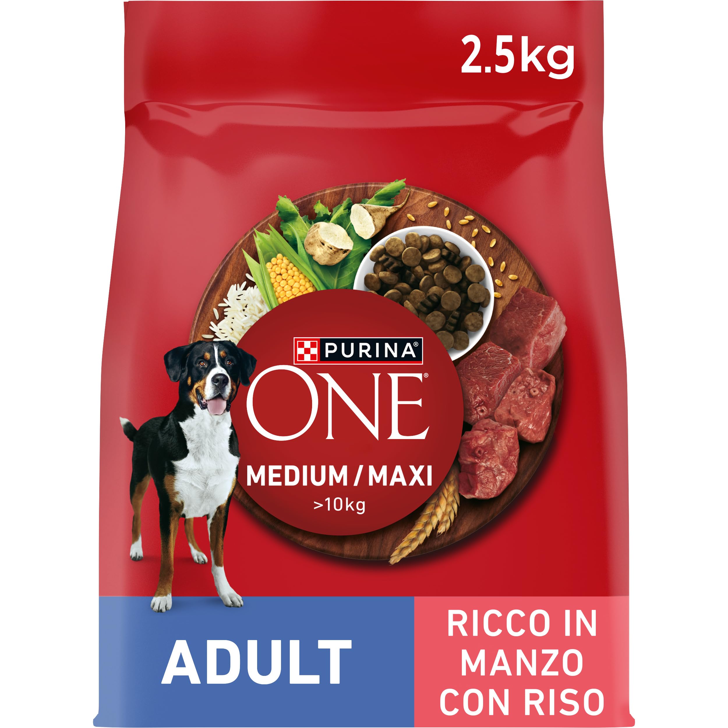 PURINA ONE Medium Maxi Crocchette per Cani Adulti con Manzo e Riso 4 Sacchi da 2.5kg