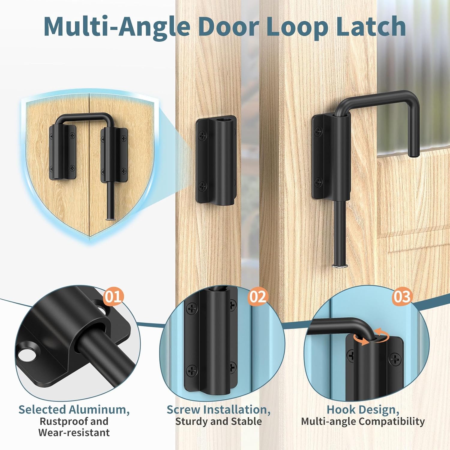 Upgraded Sliding Door Loop Lock, 2.38″ U-Shaped Multi-Angle Lock for 90/180 Degree Sliding Barn Door, Fence, Window, Closet, Wardrobe - Aluminum Alloy Security Gate Latches (Black-2PCS)