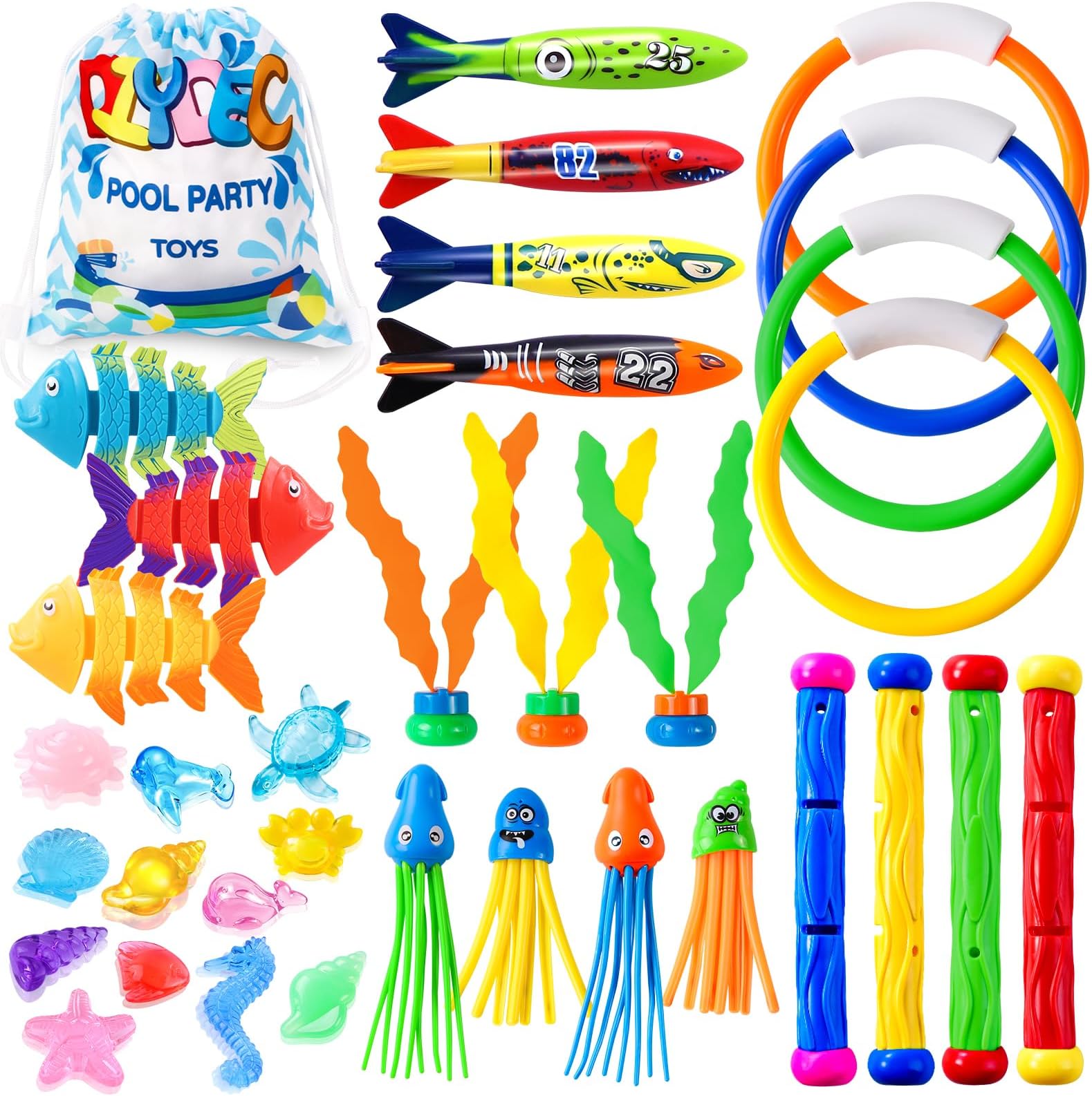 DTYDECLE 35pcs Diving Pool Toys, Fun Swimming Pool Toys Set with Diving Rings, Diving Torpedo, Diving Seagrass, Marine gem Underwater Training Diving Game Toys for Kids Summer Swimming Pool Party