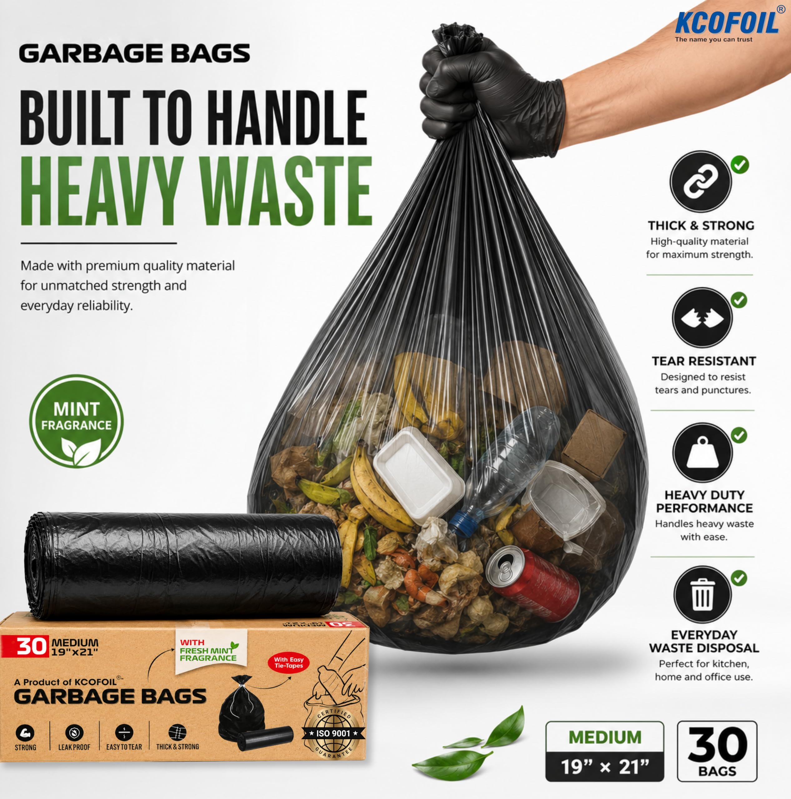 Black Garbage Bags for Dustbin | Medium | 90 Bags | 30 Bags X 3 Rolls | 19 X 21 Inches | Mint Fragrance | Tie-Tape | Strong & Leak Proof Trash Bags (Pack of 3) — Amazon image 2