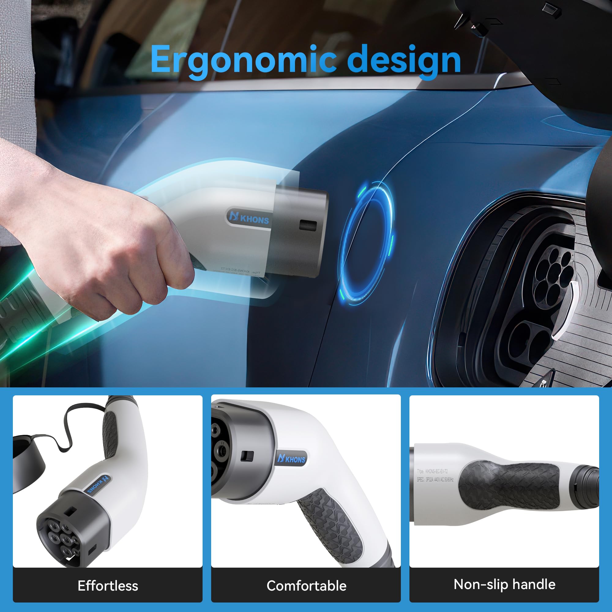 Type 2 Câble Recharge Voiture Electrique 32A 22KW Triphasé Mode 3 Cable Type 2 pour Voiture électrique/EV Hybride, Type 2 vers Type 2 EV Chargeur Cable Compatible avec Tous Les modèles Type 2 (Blanc)