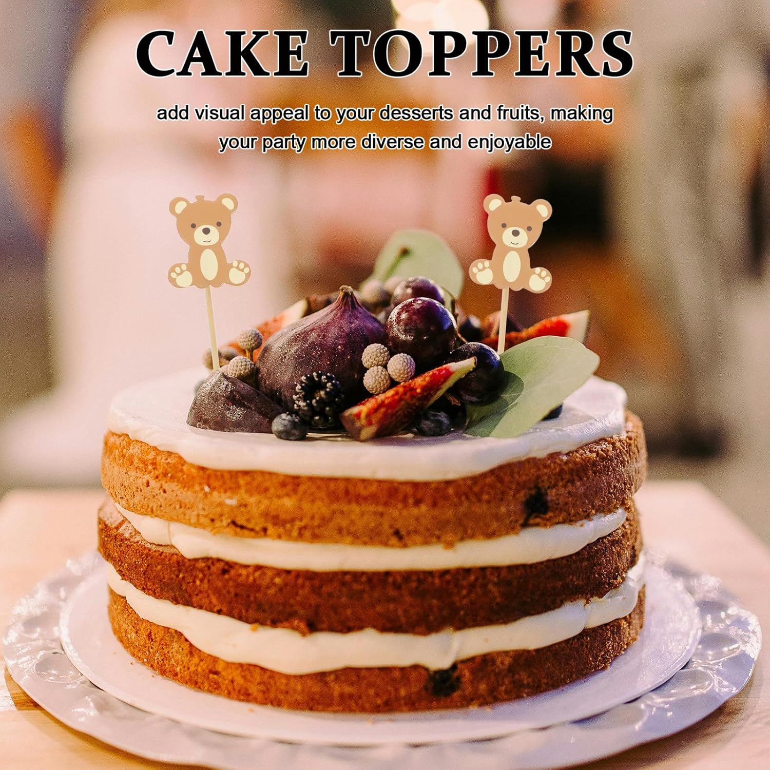 50 Pcs Bear Cake Decorations Cute Party Dessert Fruit Garnish Sticks Non-edible Cake Toppers for Shower Birthday Party