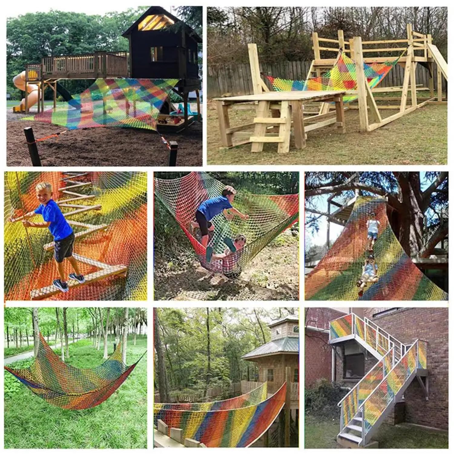 Rete Da Arrampicata Per Parco Giochi,3x3m Doppio Strato Rete Protezione Di Sicurezza Per Bambini,Adatto Per Uso Esterno e Interno,Include Una Borsa Portaoggetti,4 Ganci e 8 Campanelli(Arcobaleno)