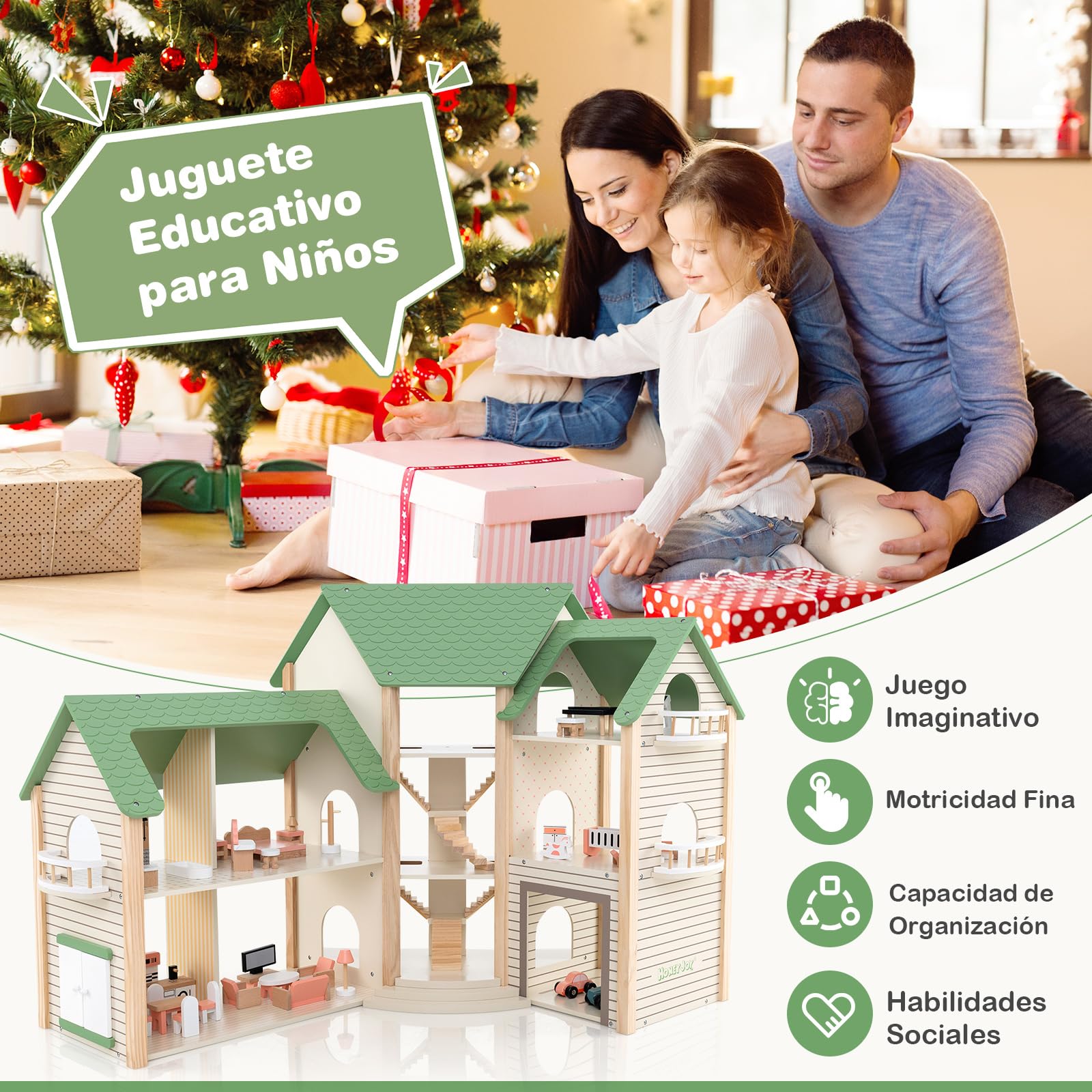 COSTWAY Casa de Muñecas Esquinera de Madera, Casita Infantil con Techo Verde con 36 Muebles y Accesorios, Casa de Ensueño con 3 Pisos, 6 Habitaciones, Balcones y Garaje, para Niños de 3+ Años