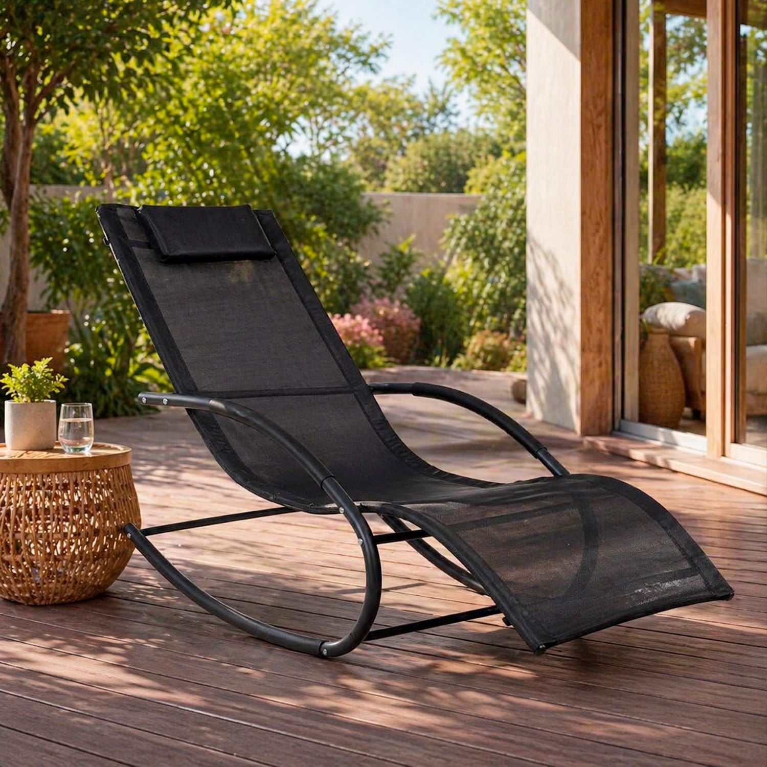 Sedia Relax Basculante Da Esterno Con Poggiatesta Imbottito Poltrona Ergonomica A Dondolo In Textilene Traspirante Per Giardino Piscina Veranda Outdoor 160 x 65 x 90 Cm Nero