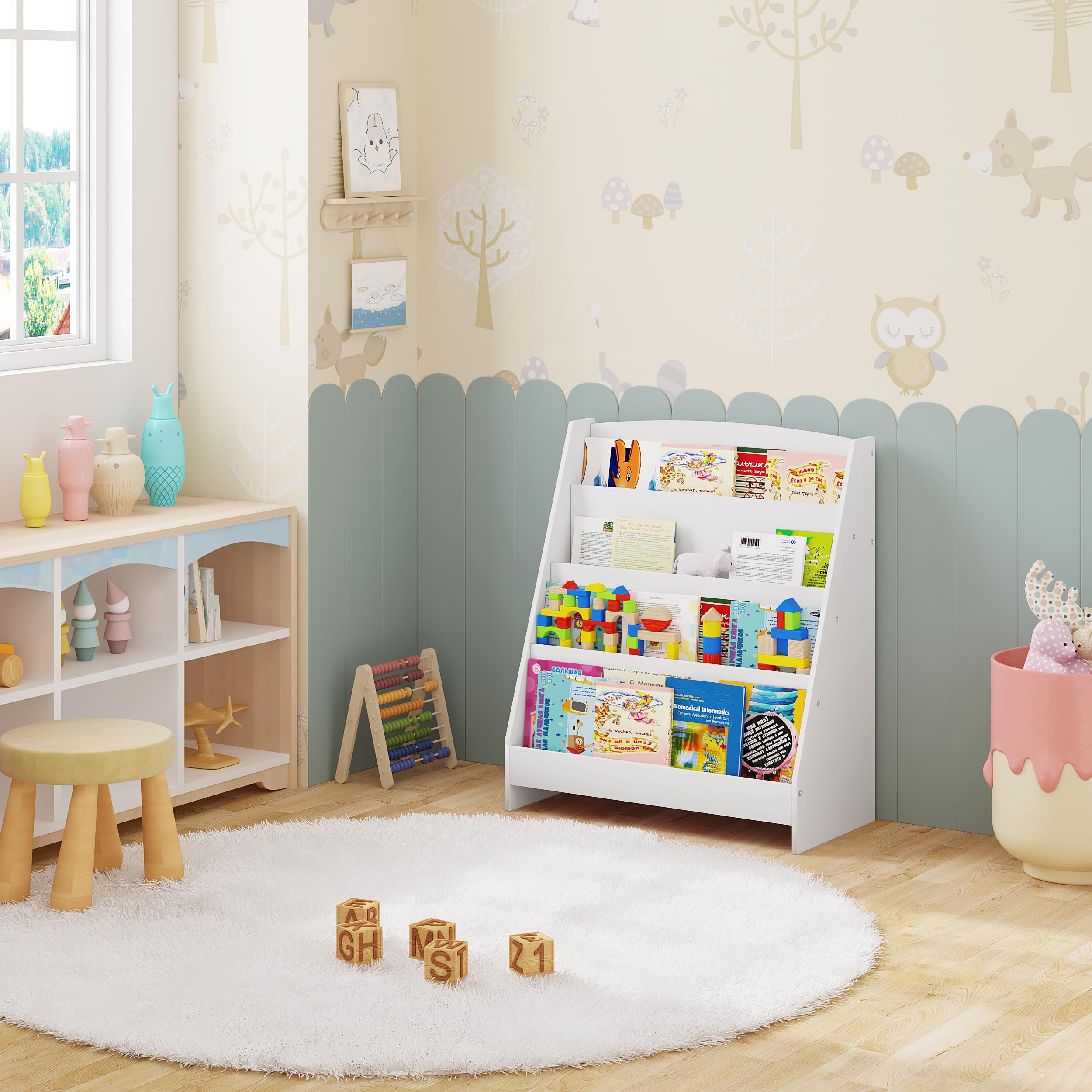 Libreria Bambini Montessori 6 Scomparti - Reggilibri Giocattoli, Legno, Bianco, 91.5x30x60cm - Foto 5