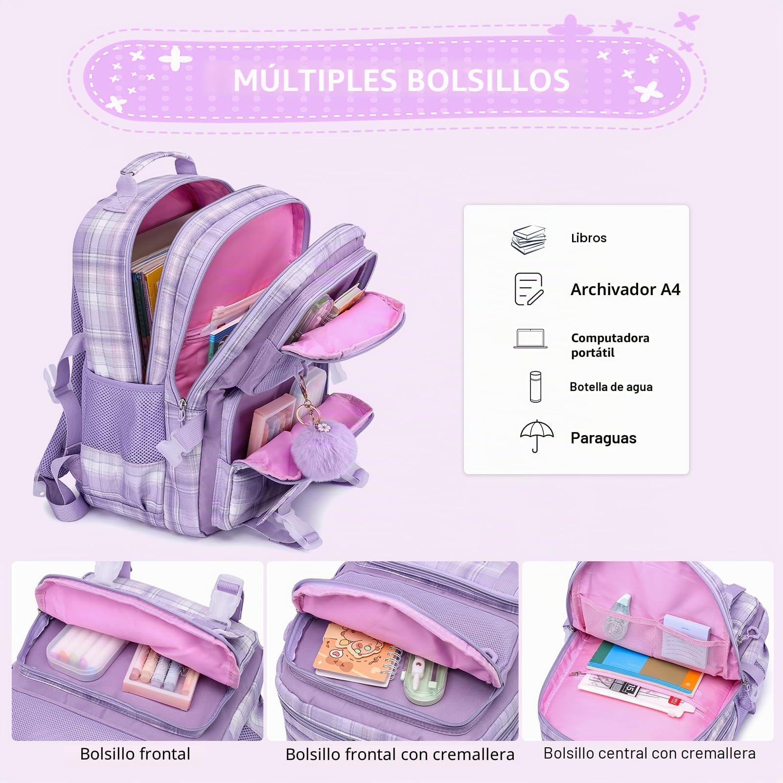 KEBEIXUAN Mochilas Escolares Niña, Personalizada Mochila Colegio Niña de 6 a 12 Años, Kawaii Ligeras Mochila de Niñas Escolar con Colgante