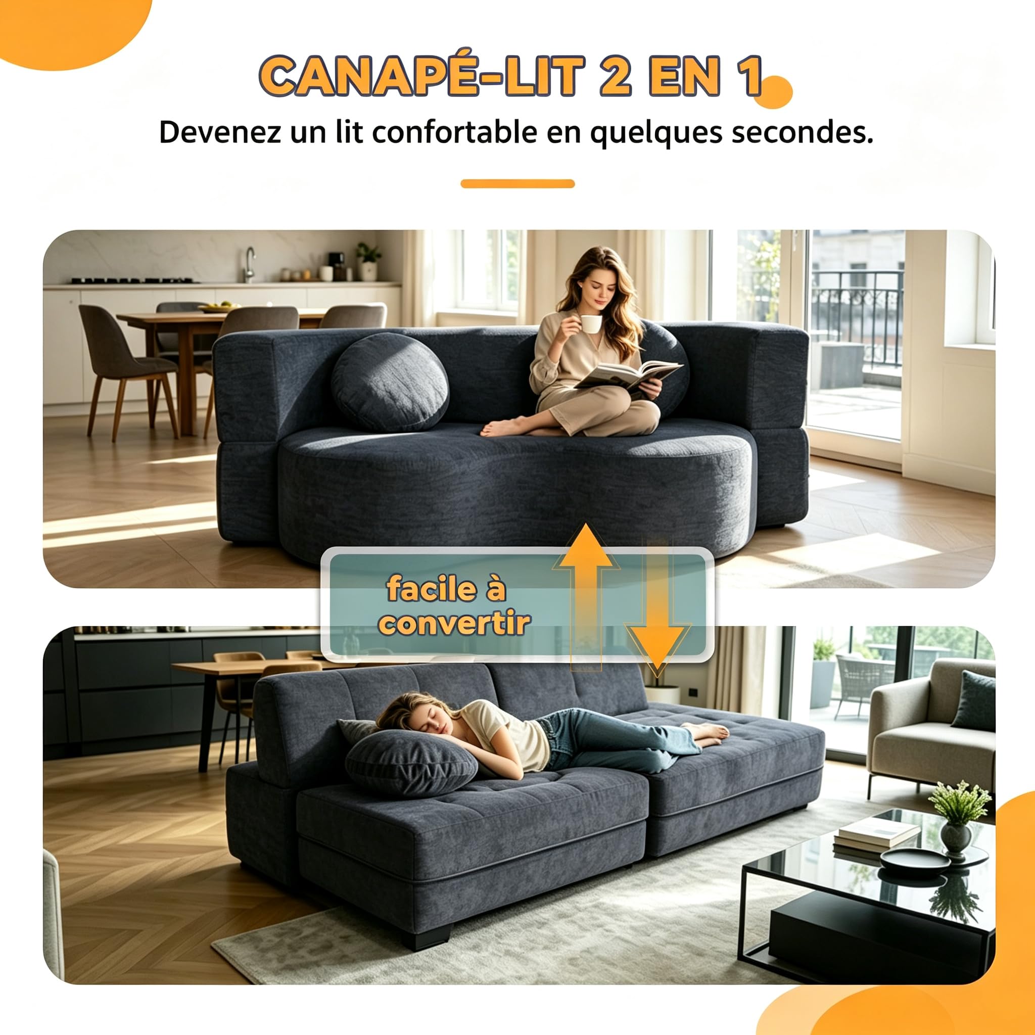Canapé Convertible 200cm, Canapé Lit Modulable 3 Places en Tissu Chenille, Canapé de Sol Pliable pour Salon et Chambre, Mousse Haute Densité, Livré Compressé, Bleu Gris