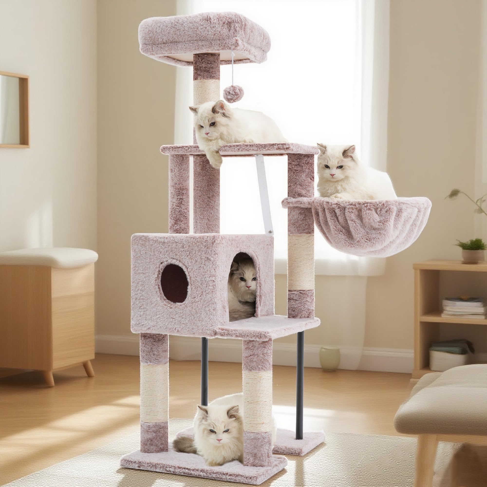 Heybly Arbre À Chat, 125 Cm Petit Arbre avec Niche, Plateforme Douce, Griffoir en Sisal, Panier Et Structure en Acier Robuste, Marron Beige HCT200SMU