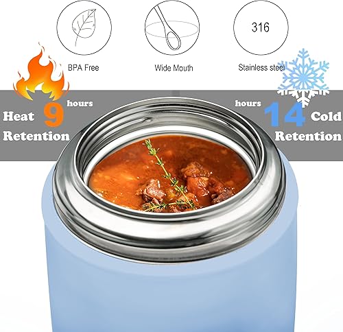 Miniatura 8 de CocoMeiwei Termo para alimentos y bebidas calientes, lonchera térmica para niños, contenedor de alimentos aislado al vacío de 17 onzas con cuchara y