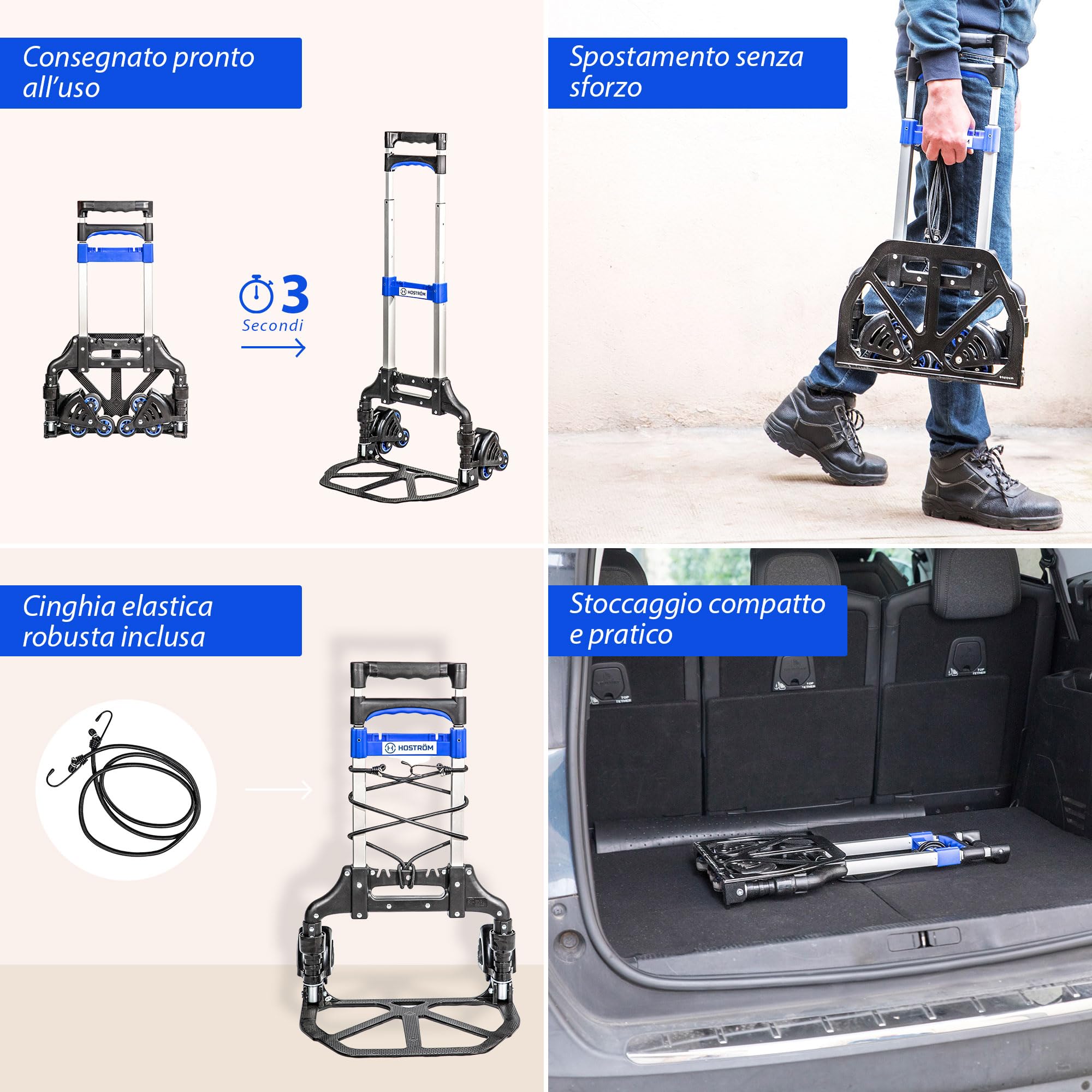 HOSTRÖM Carrello saliscale pieghevole in alluminio, carrello pieghevole a 6 ruote per spostare e trasportare materiali, compatto, carico massimo 60 kg, 5 anni di garanzia.