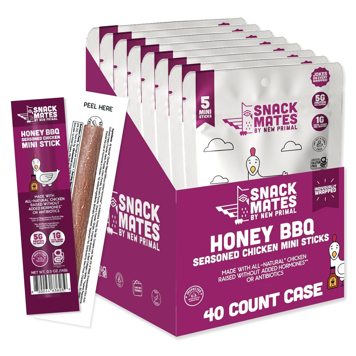 New Primal Snack Mates Honey BBQ Chicken Sticks, Healthy Snack for Kids, Low Sugar High Protein Back to School Snacks, Gluten Free, Mini Jerky Meat Stick, 5g Protein, 35 Calories, 40 Pack