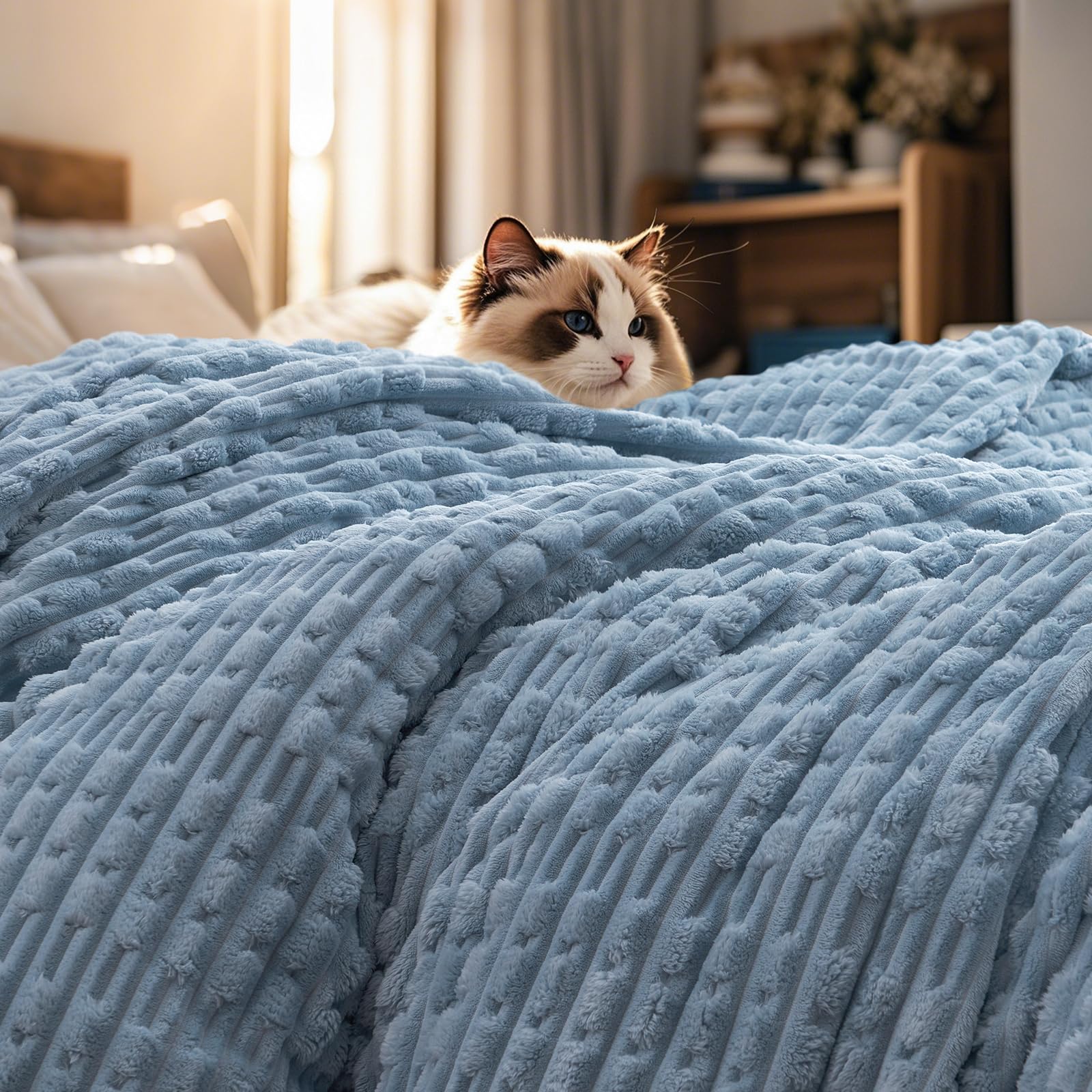 phf ultra soft flannel fleece blanket queen size, lightweight 3d jacquard fleece blanket, no shedding, no pilling, luxury 340gsm aesthetic fluffy cozy for bed room decor, 90"x90", dusty blue