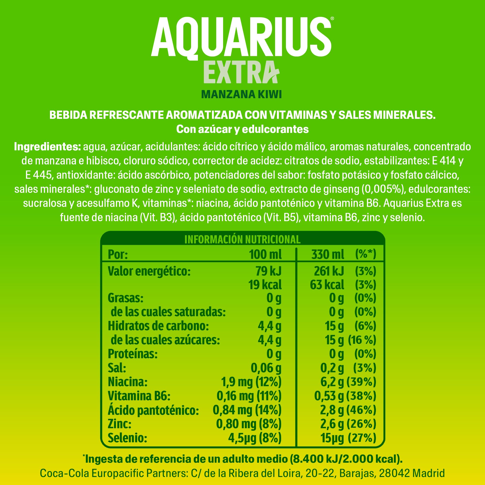 Aquarius Extra Manzana Kiwi, Bebida Baja en Calorías con Vitaminas B3 B5 B6, Minerales y Ginseng, Refresco Hidratante- Pack 24 Latas 330 ml