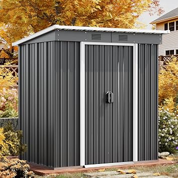 Metal Garden Storage Shed 4 x 6 FT, Outdoor Bike Shed Waterproof with Lockable Door, 2 Vents, Galvanized Foundation, Outdoor Storage Tool House for Backyard, Patio, Darkgrey