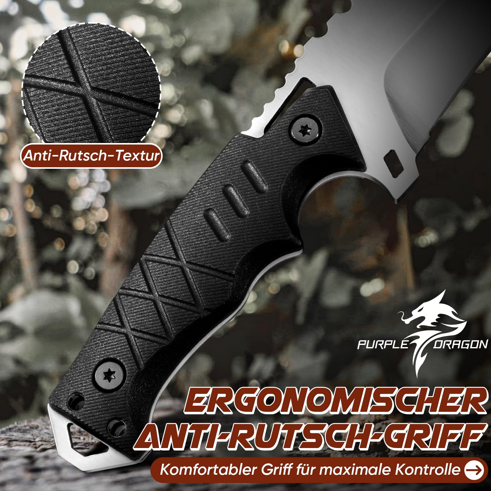Purple Dragon Outdoor Messer Survival - mit Kydex Scheide, Feststehende Klinge aus einem Stück D2 Stahl, Full Tang Tanto Messer mit G10 Griff für Camping, Geschenke für Männer, Schwarz