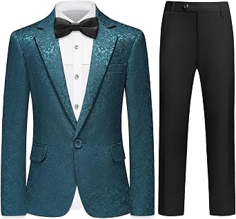 Lamgool Tuxedo Suits for Boys Floral Jacquard Kids Formal Outfit 4-Piece Set with Blazer Shirt Pants Bow tie Prom Wedding