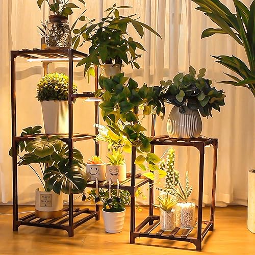 Miniatura 5 de Dreyoo Soporte para plantas con luces de crecimiento, estante de madera para plantas con lámpara de cultivo de espectro completo para esquina
