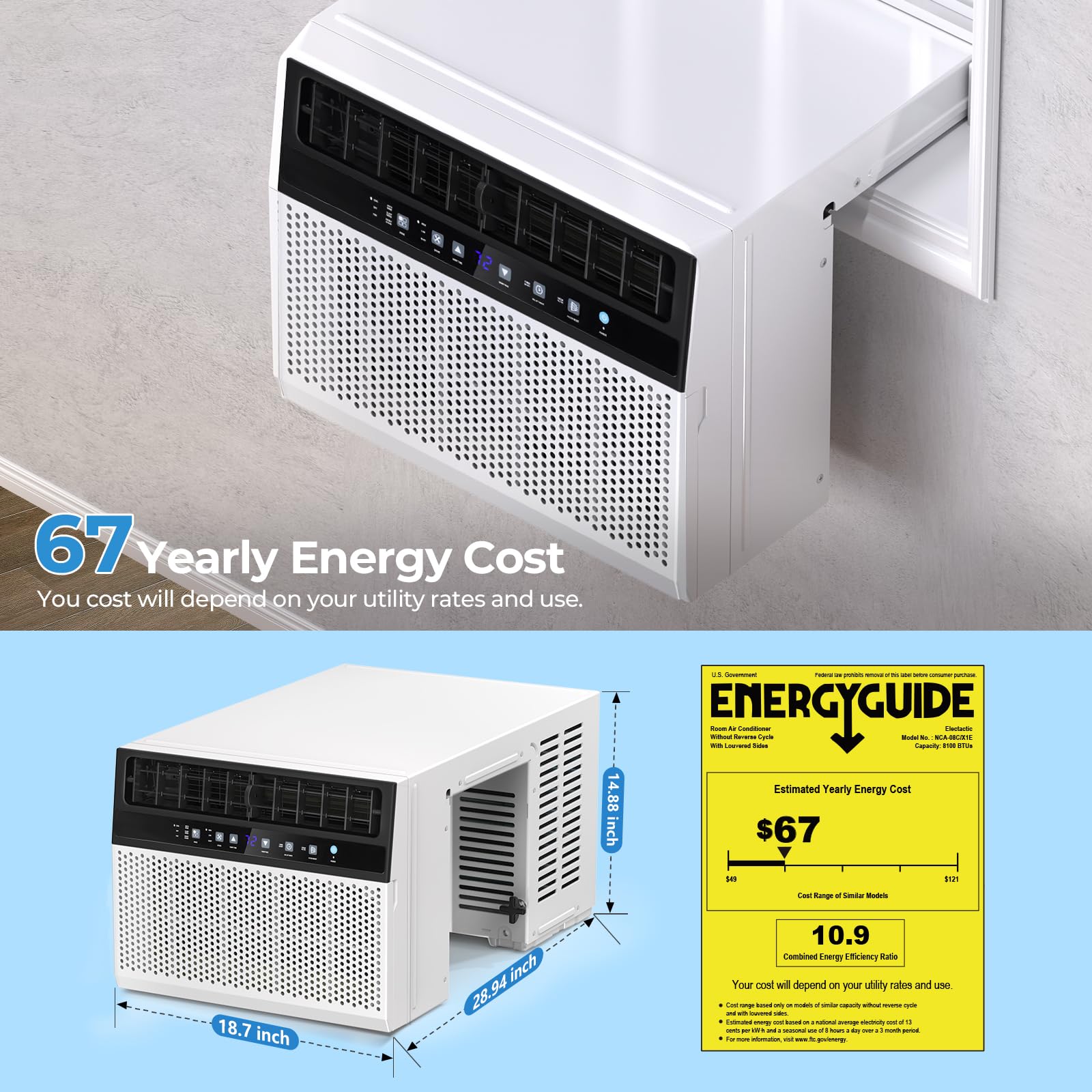 Electactic Aire acondicionado de ventana en forma de U, 12000 BTU, enfriamiento de unidad de ventana de CA de 550 m², aire acondicionado de ahorro de energía con vista de ventana completa, 6 modos