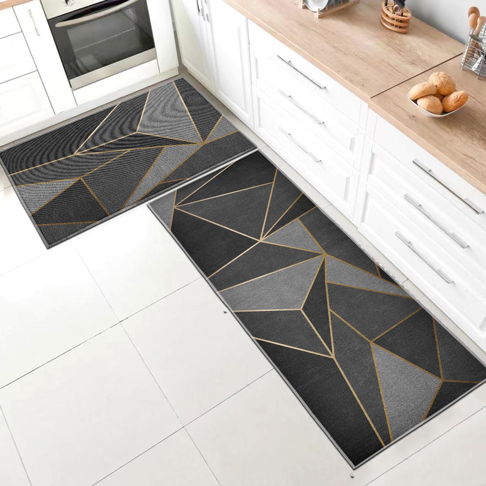Set di 2 tappeti da cucina, antiscivolo, lavabili, anti-affaticamento, tappeti da cucina con adesivi antiscivolo per la decorazione della casa (stile L, 40 x 60 + 40 x 120 cm)