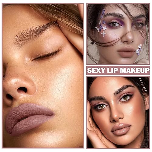 Vista 11 de Lápiz labial mate nude sedoso, terciopelo sedoso, lápiz labial color nude, lápiz labial antiadherente, impermeable, de larga duración, maquillaje