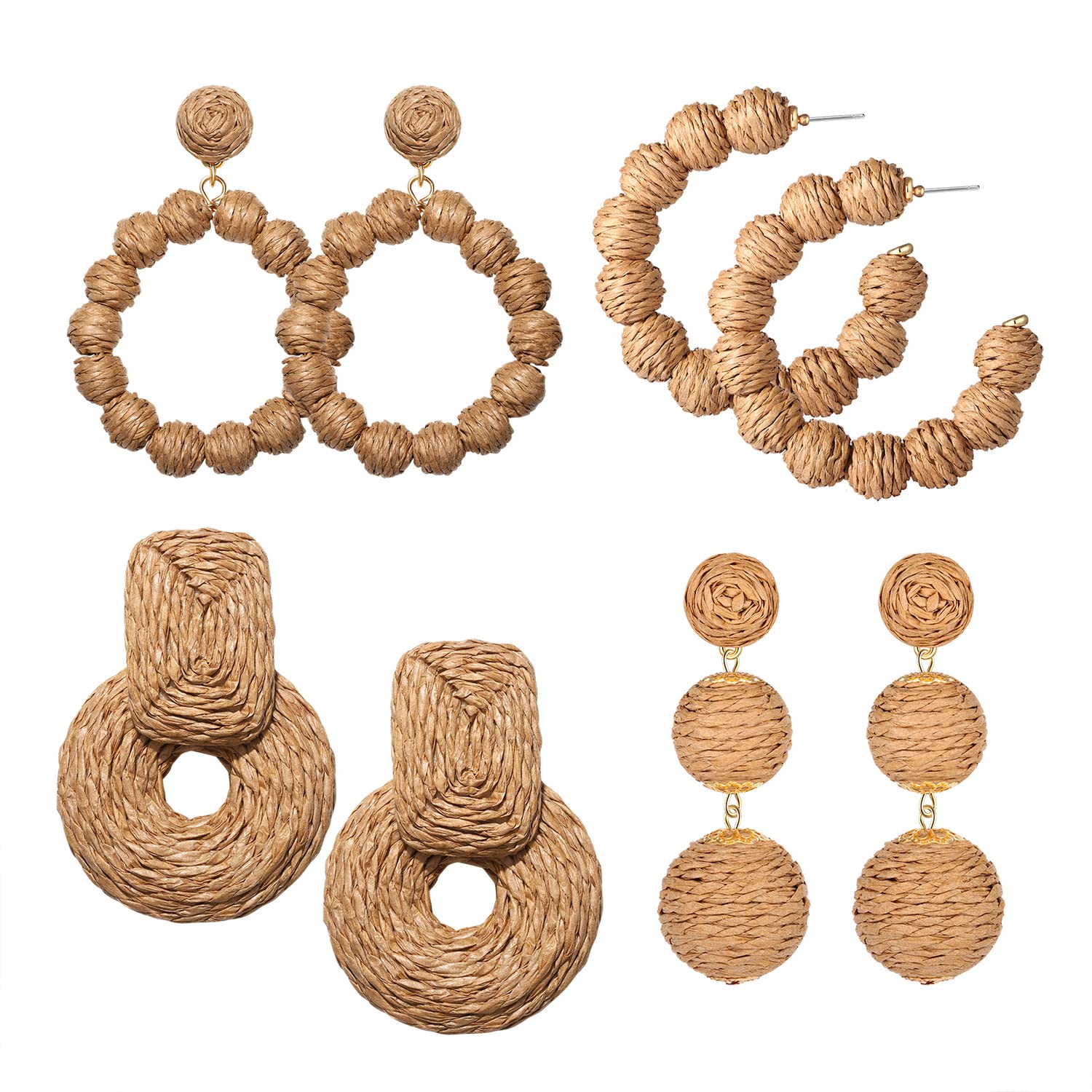 Rattan Earrings Statement Hoop Earrings for Women Straw Earrings Woven Dangle Drop Earrings (Rattan Earrings Set)