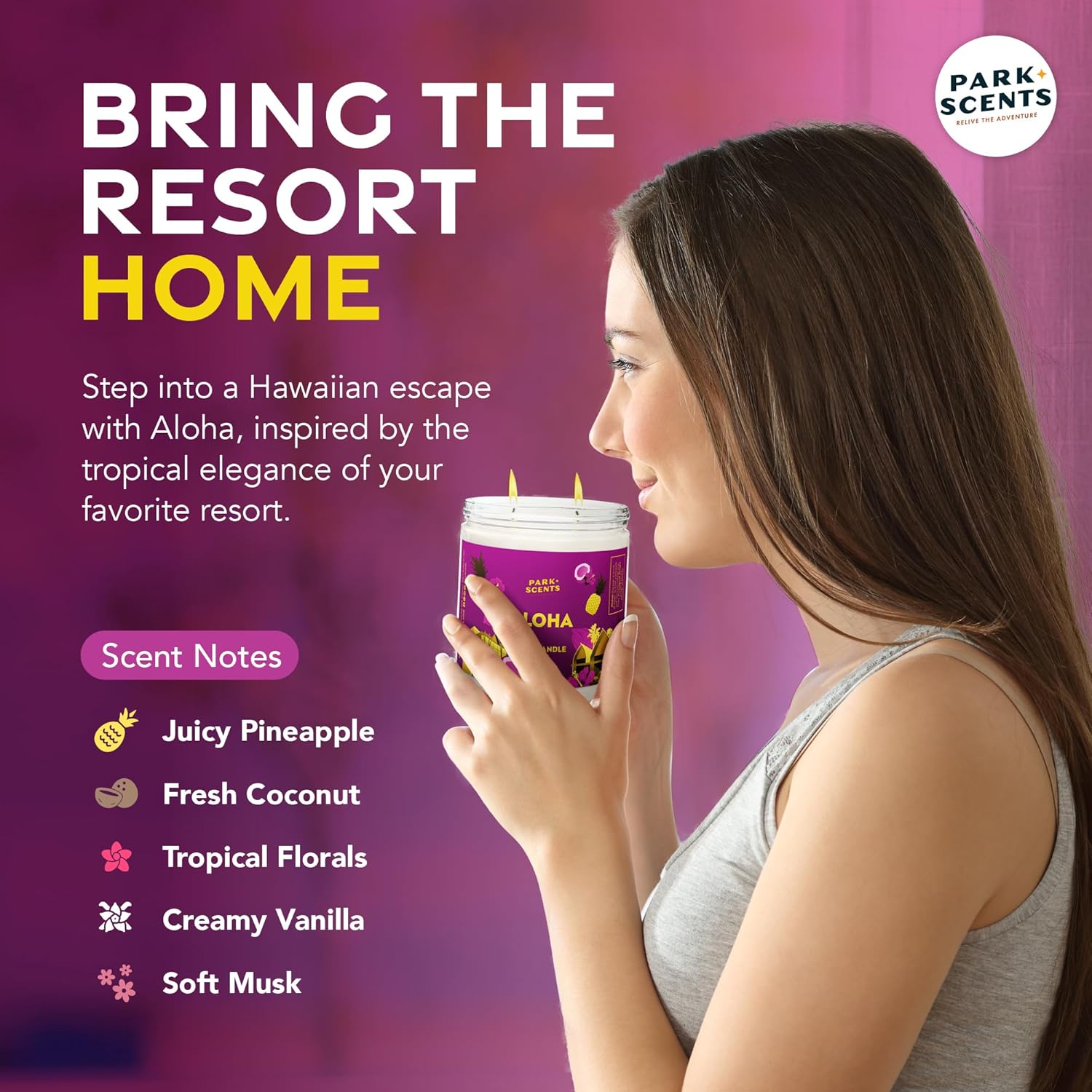 Park Scents Aloha – Hawaii Resort Theme Park Luxury Hotel Candle – Coconut, Pineapple, Tropical Florals & Vanilla – Vegan Soy Wax Candles – Birthday Gifts for Women, Hostess, Sister (16 oz. Glass Jar)