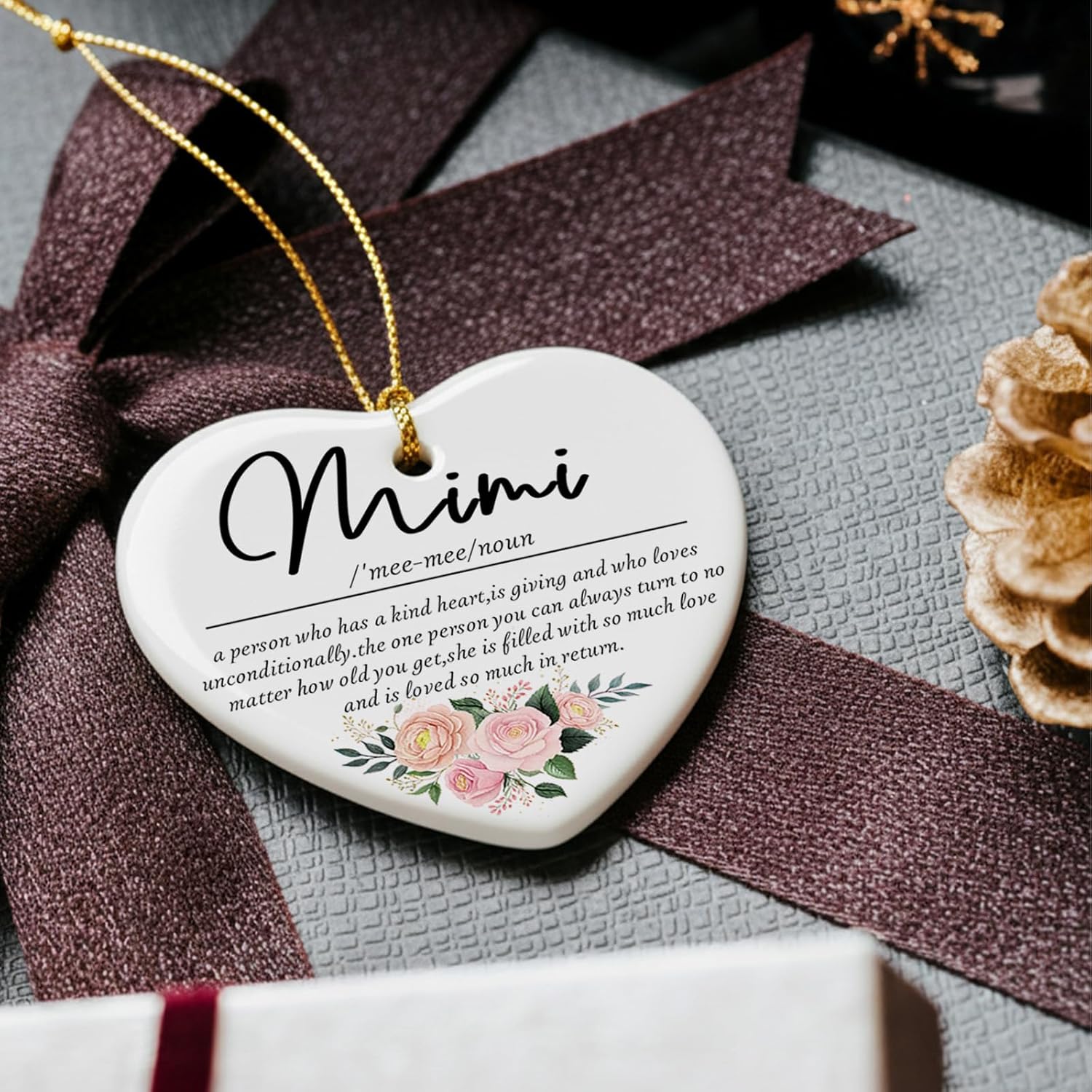 Mimi Grandma Christmas Ceramic Ornaments Gifts，Mimi Definition Appreciation Gifts for Grandma Grandmother, Floral Hanging Heart Ornament Keepsake for Tree Car, Rustic Holiday Decorations 3in - Image 5