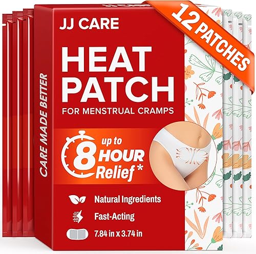 JJ CARE Parche térmico para aliviar los calambres menstruales (12 piezas, tamaño regular), alivio del dolor de período para calambres con carbón