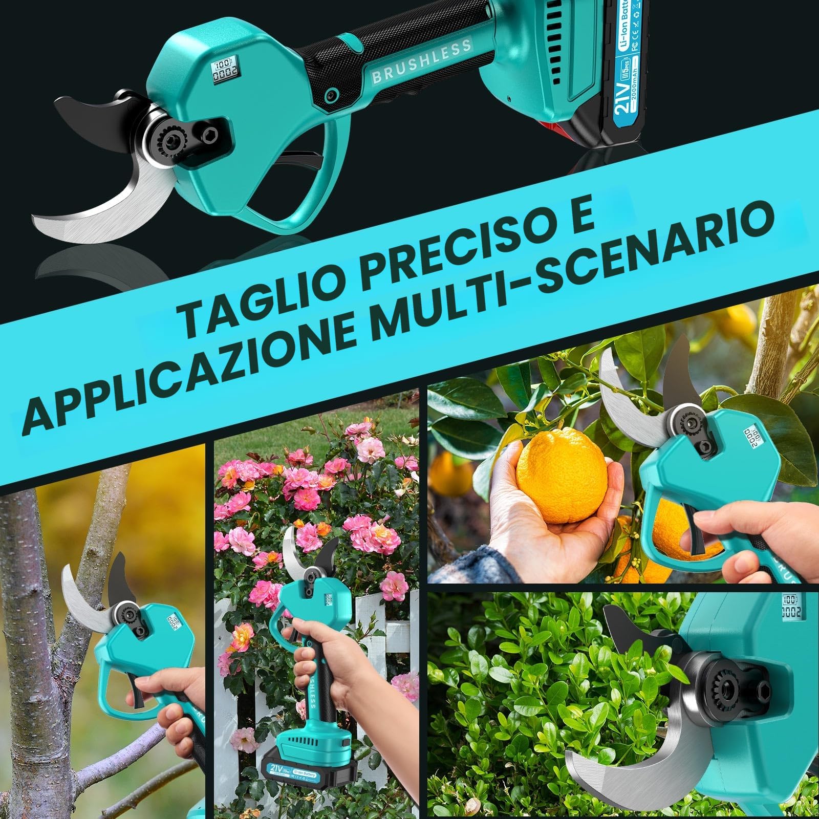 Forbici Potatura a Batteria，50 mm professionali Forbici Potatura, Pacco Batteria da 4000 mAh, Schermo LCD,1000 W Brushless Potente Motore, Perfette per Giardini, Frutteti, Fattorie