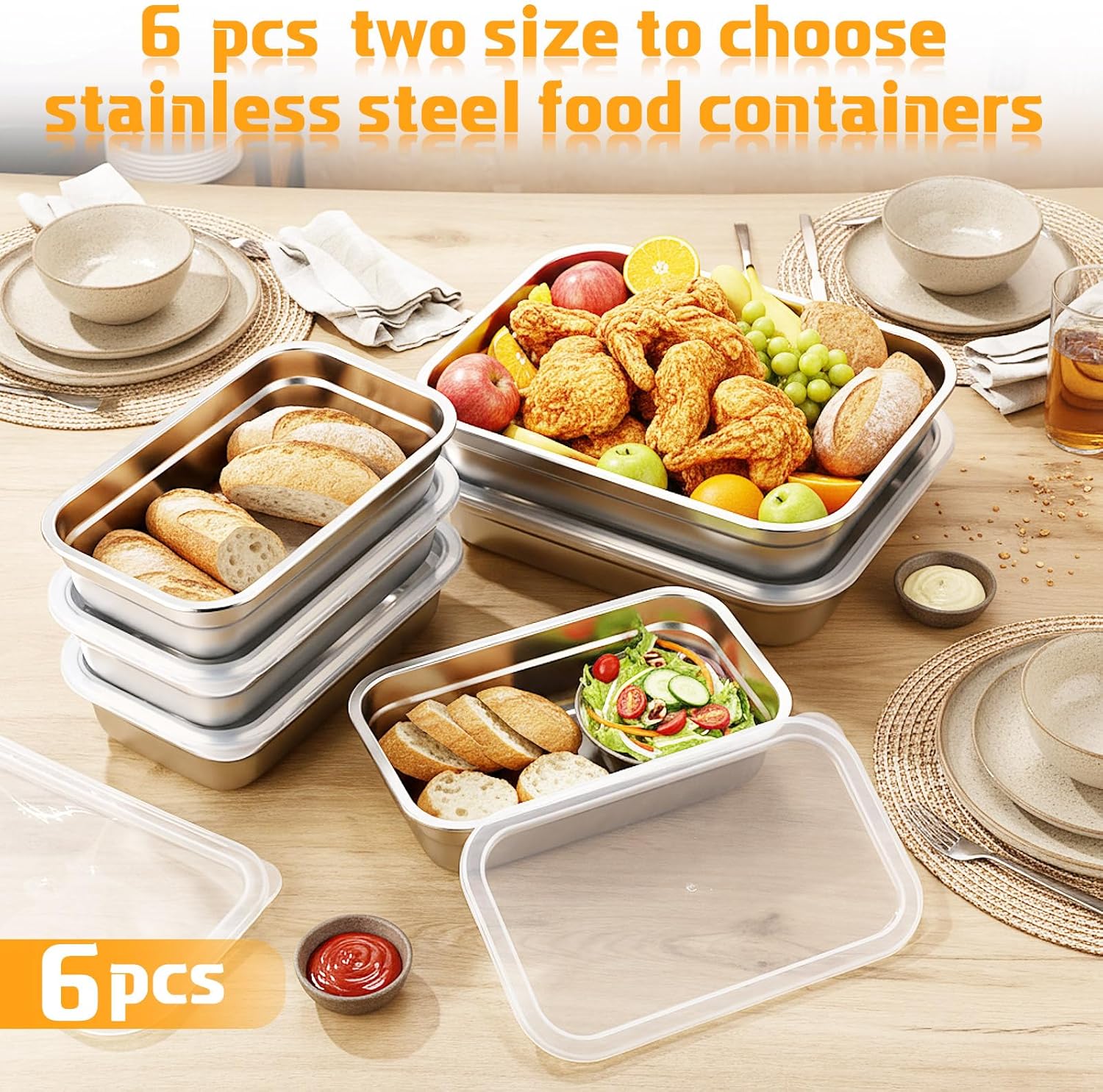 LemonRoad 6 Pack 1/4 1/2 Size 304 Stainless Steel Food Storage Containers with Lids 2.5 Inch Deep Hotel Pans Stackable Kitchen Restaurant Supplies Storage Food Chicken for Home, Hotel, Buffet - Image 6