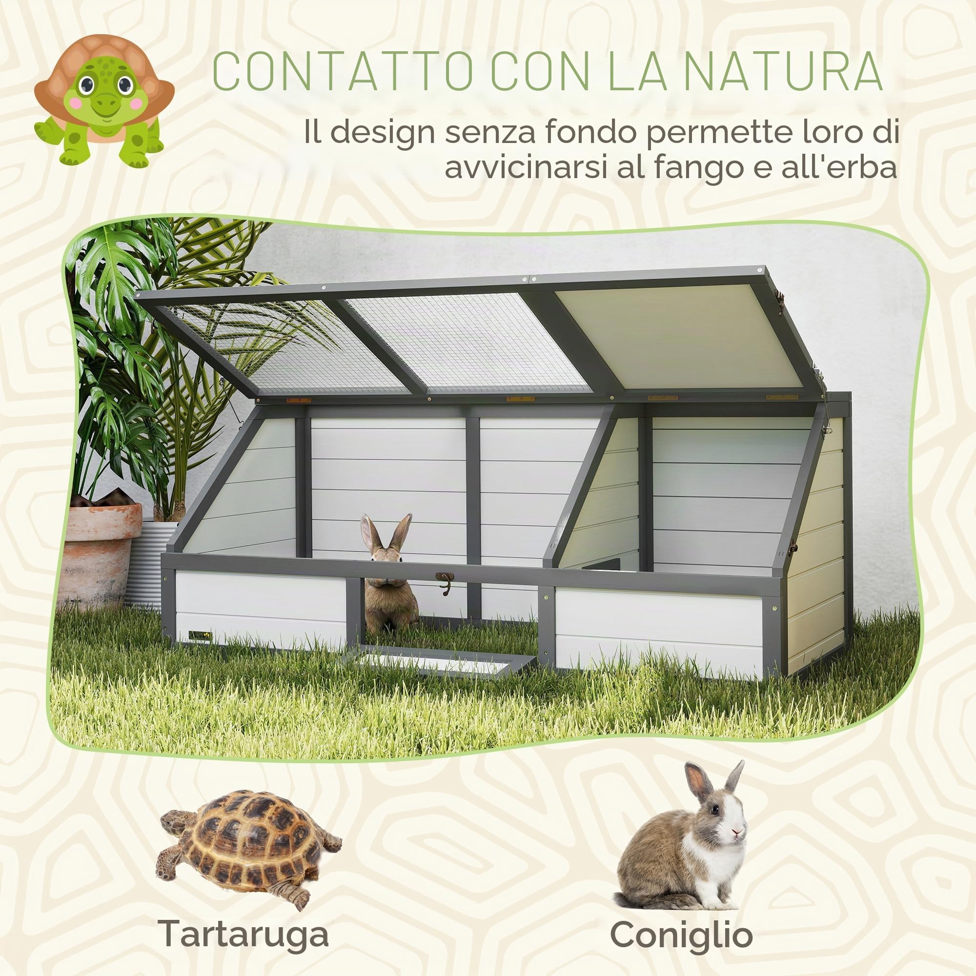 PawHut Casa tartaruga con casa principale anfibi 120x55x50cm bianco | Recinto in legno per tartaruga, area giochi, coperchio ribaltabile, serratura, gabbia per rettili, conigliera