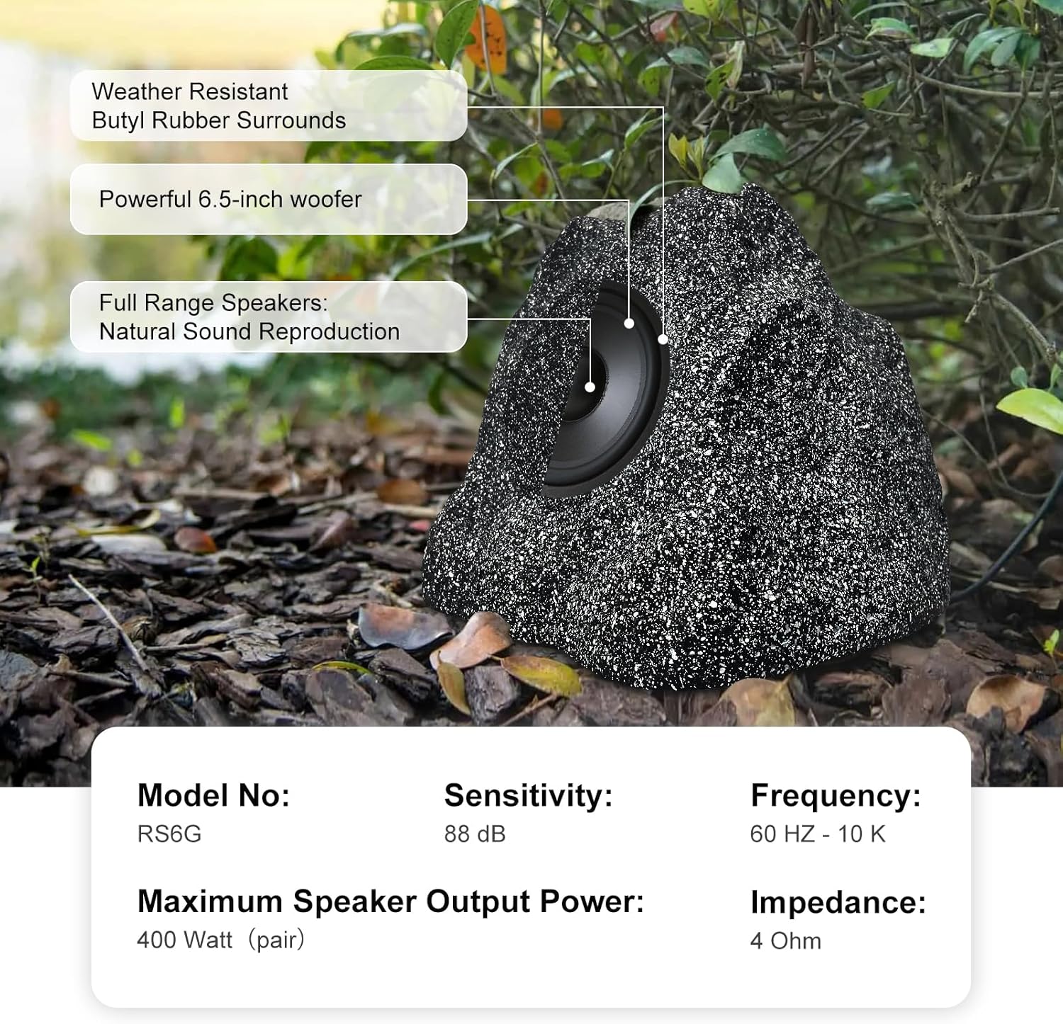 Herdio 6.5 Outdoor Rock Speakers Hardwired 400 Watt,IPX7 Waterproof Design for Pool, Garden, Deck, and Outdoor Activities (Black,Pair)