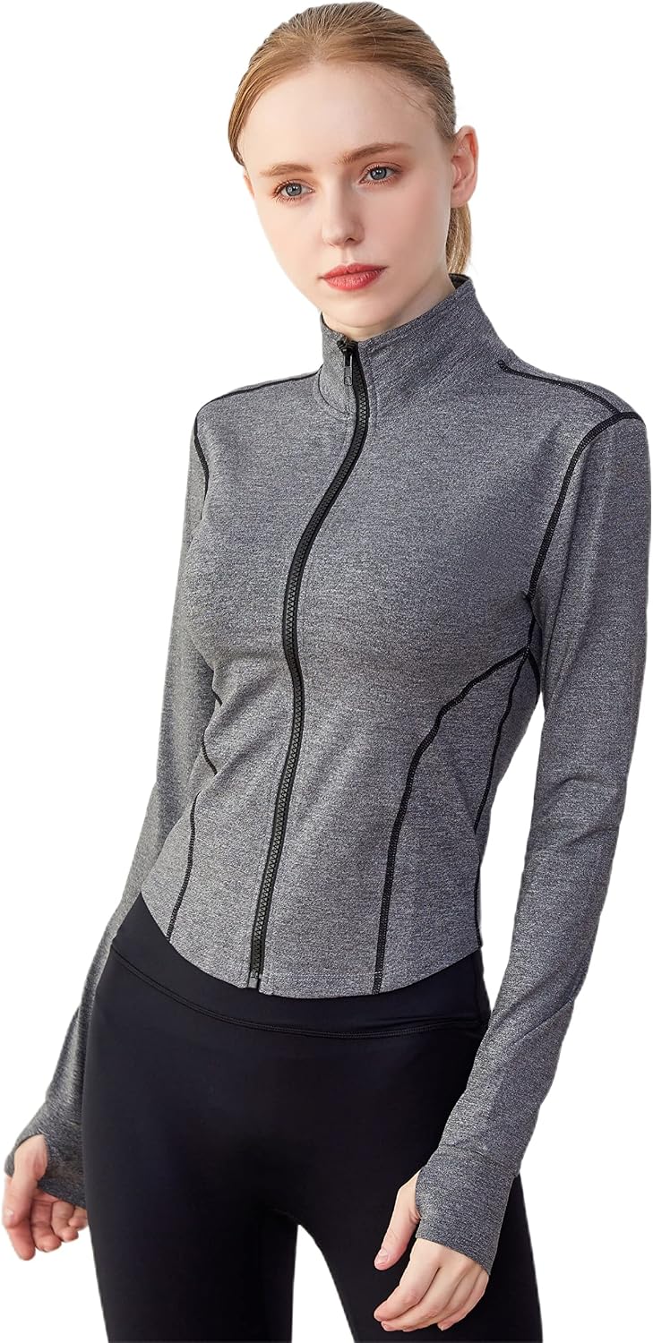 Tanming Women's Full Zip Seamless Workout Jacket Running Yoga Slim Fit Track Jacket (Dark Grey, S)