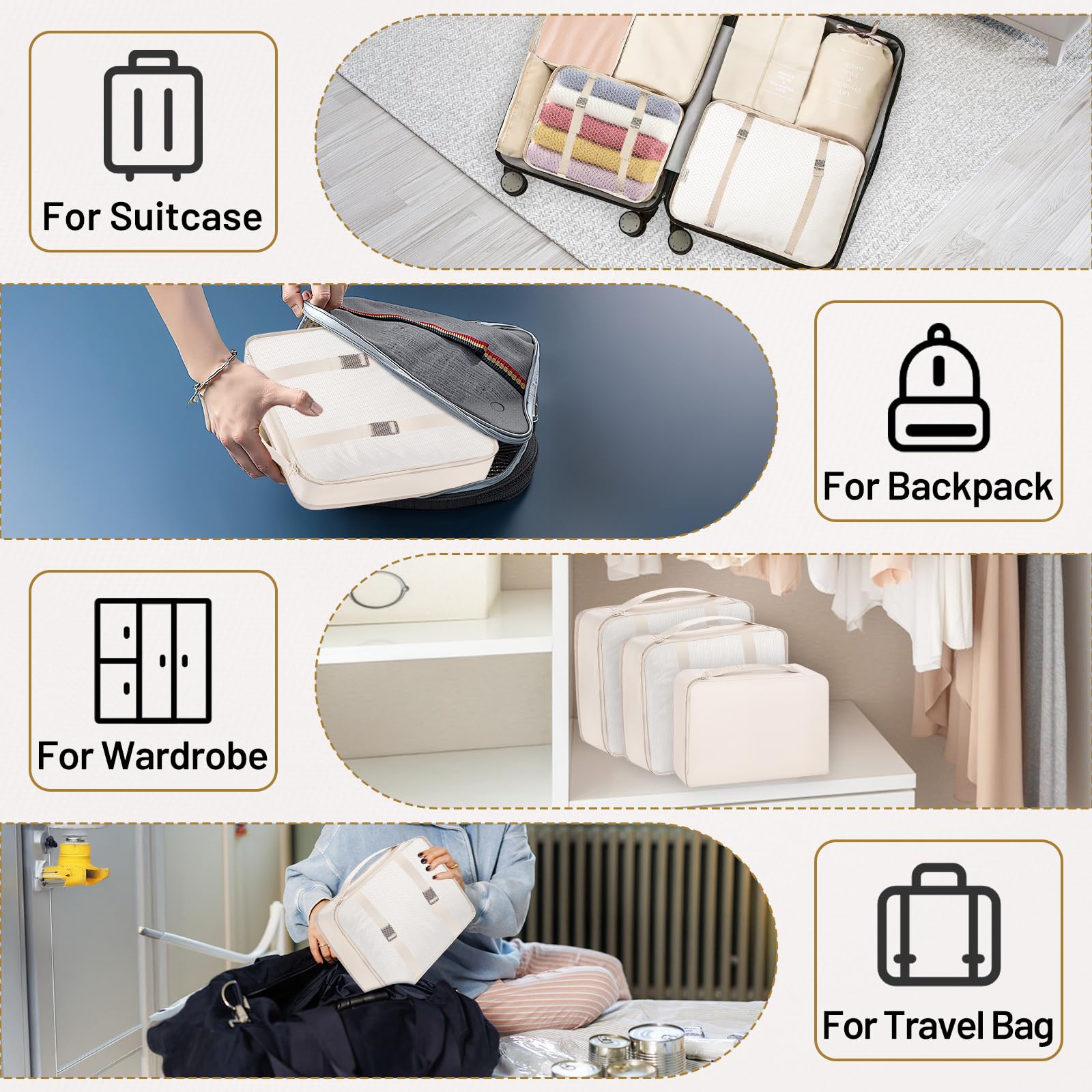 Sac Rangement Valise 12 Pièces – Organisateur Valise Imperméables avec Sacs à Vêtements,Sacs à Chaussures,Trousse de Toilette,etc.| Beige | Gain de Place pour Vacances et Voyages d’Affaires