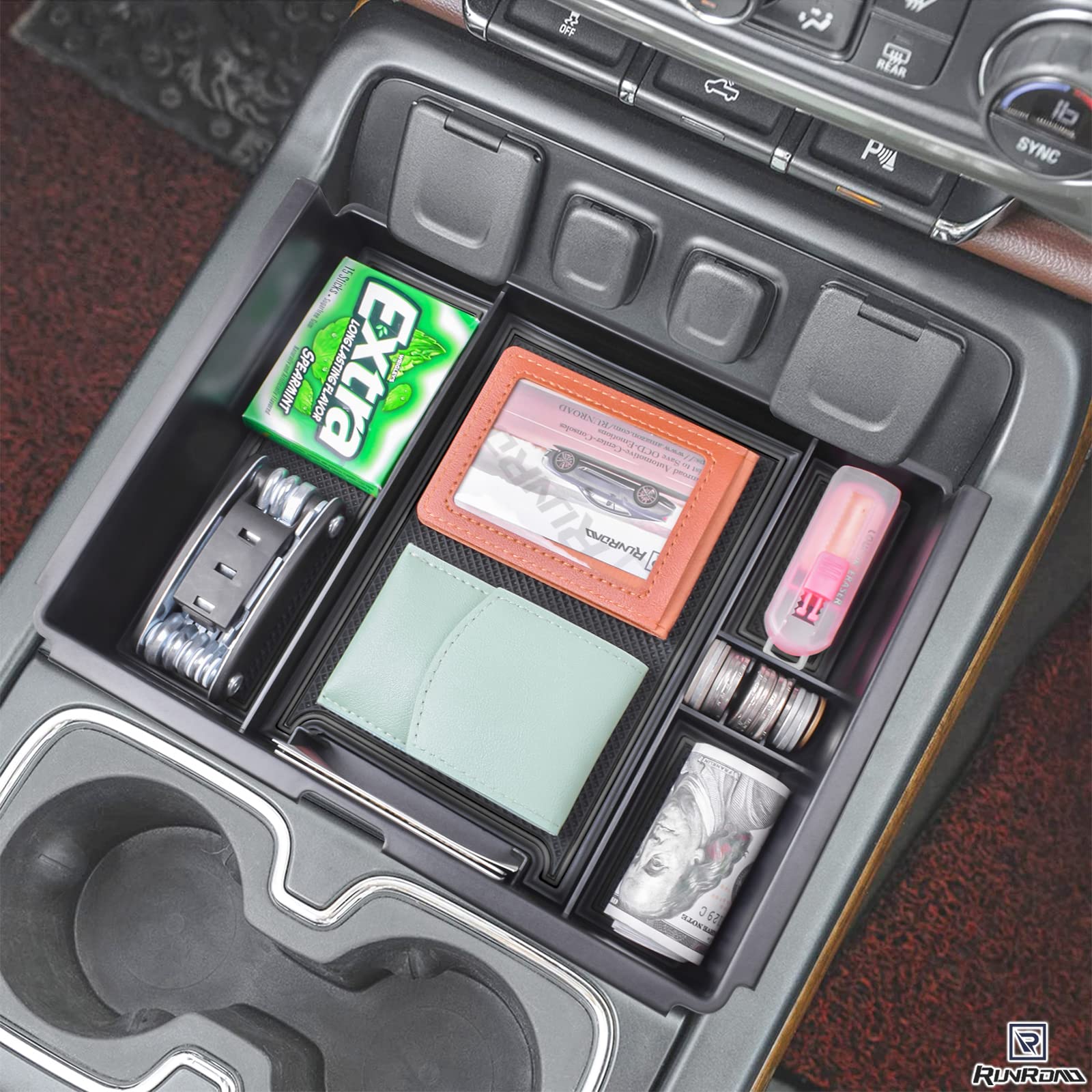 RUNROAD Upgrade Center Console Organizer Tray Compatible with 2014-2018 Chevy Silverado/GMC Sierra 1500 and 2015-2019 Silverado/Sierra 2500/3500HD Accessories, Full Console w/Bucket Seats ONLY, Black