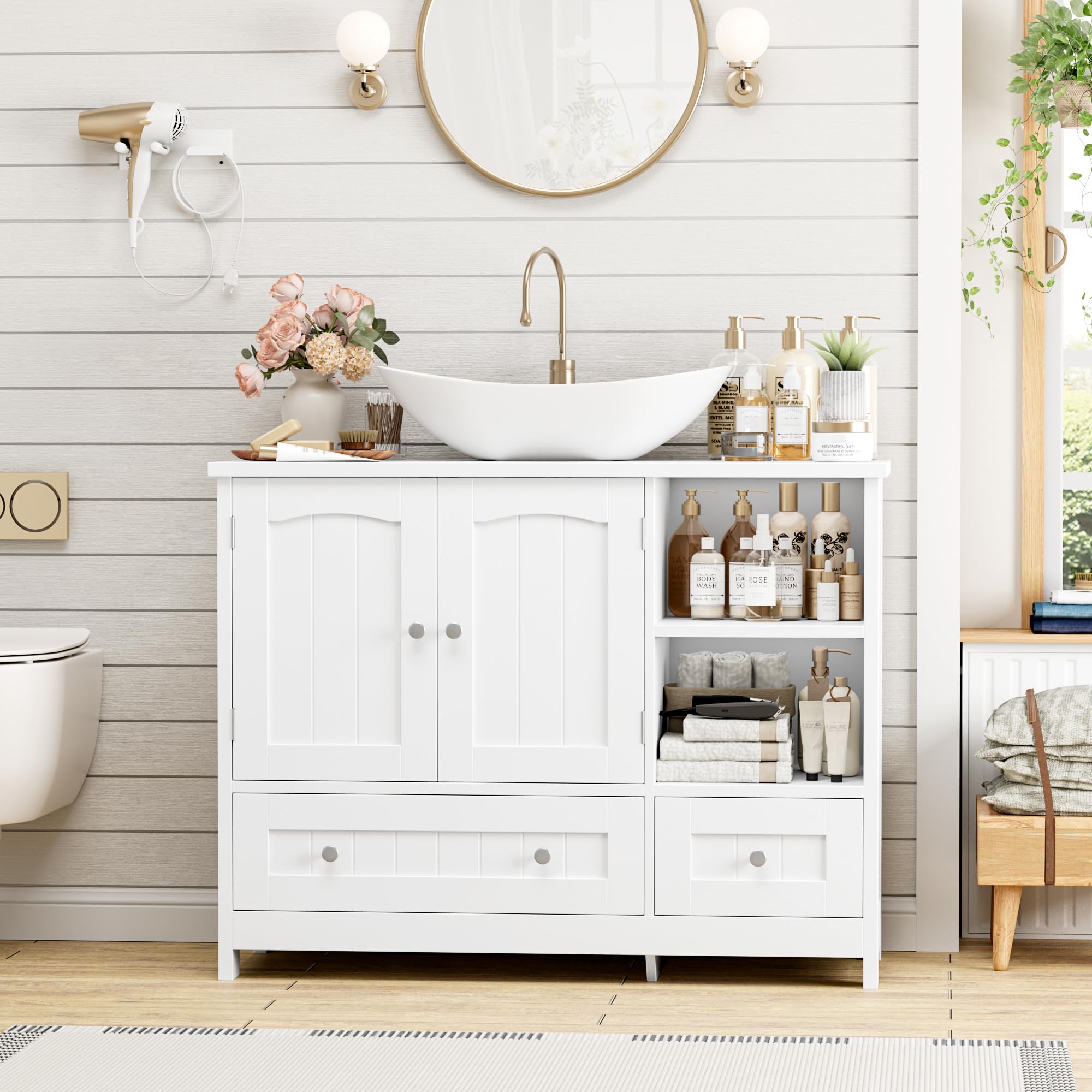 FOREHILL 80cm Mobile Bagno Sottolavabo Grande con 2 Cassetti e Ante Bianco | Mobile Sottolavabo per Bagno con Ripiani Regolabili,Mobile Bagno con 2 Scomparti Aperti,per Spazi Ridotti, Bagno,80x30x65cm
