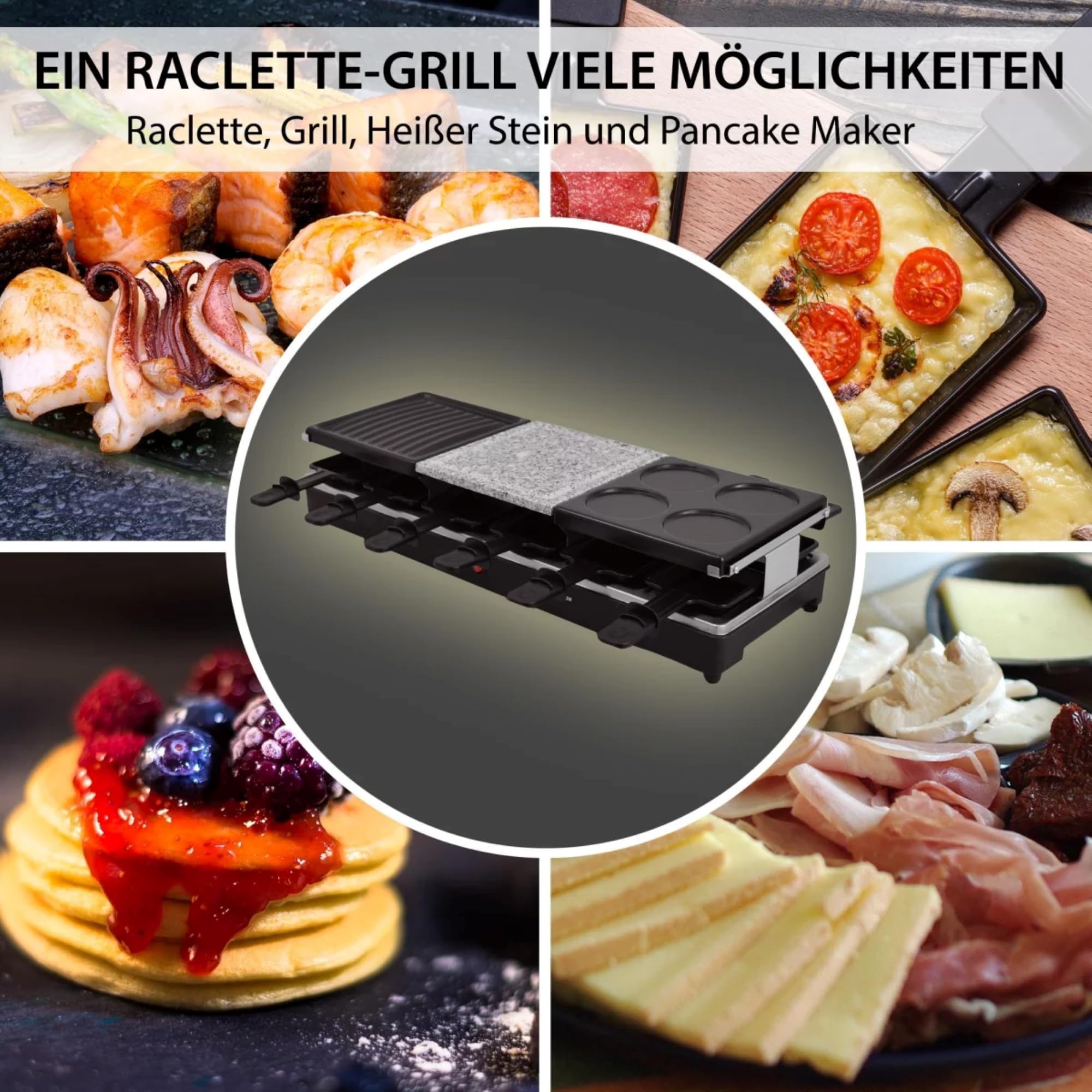 Syntrox Germany Raclette-Grill Oberwil mit geteilten Platten, Tischgrill, Partyraclette für 12 Personen 1350Watt, Raclette Zubehör, Multifunktional und Kompakt, 6 Kg, Party Zubehör