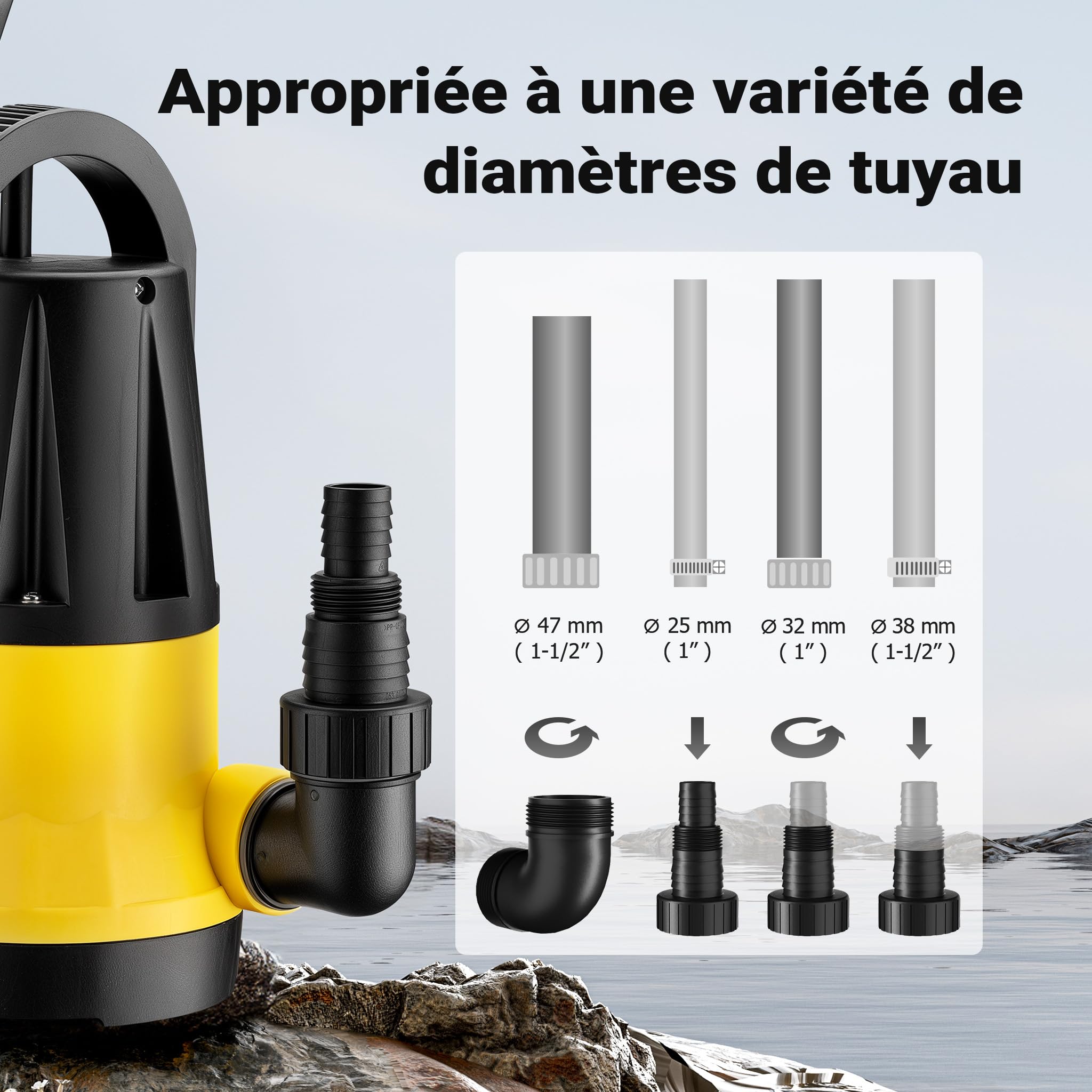Wiltec Pompe immergée avec capteur de niveau d’eau – 400 W, 7300 l/h – Refoulement max. 7,5 m, profondeur max. 7 m – Thermorégulateur – Pompe submersible Eau propre