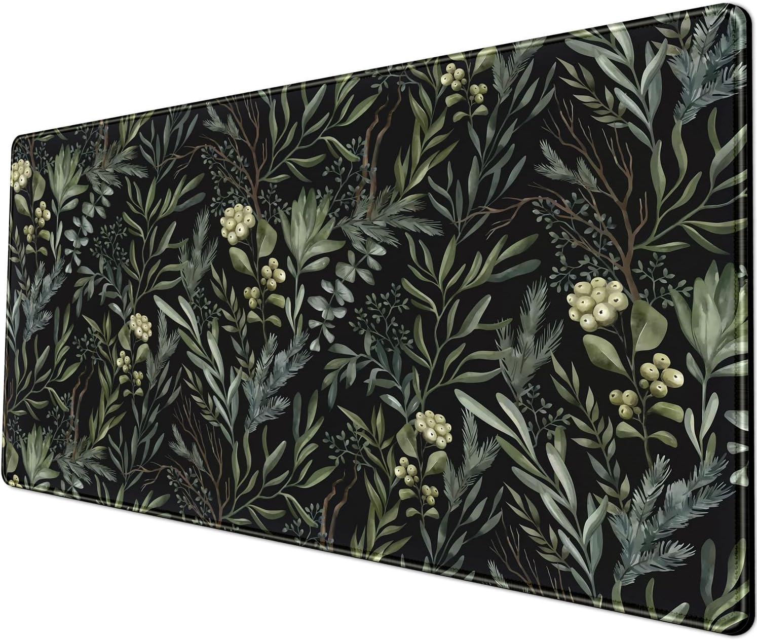 Black Aesthetic Vintage Desk Pad Leaves Gaming Mouse Pad XL Cute Forest Green Plant Nature Floral Extended Large Big Mousepad Non-Slip Stitched Edge Long Mat for Desk Office Computer 31.5 X 11.8 in