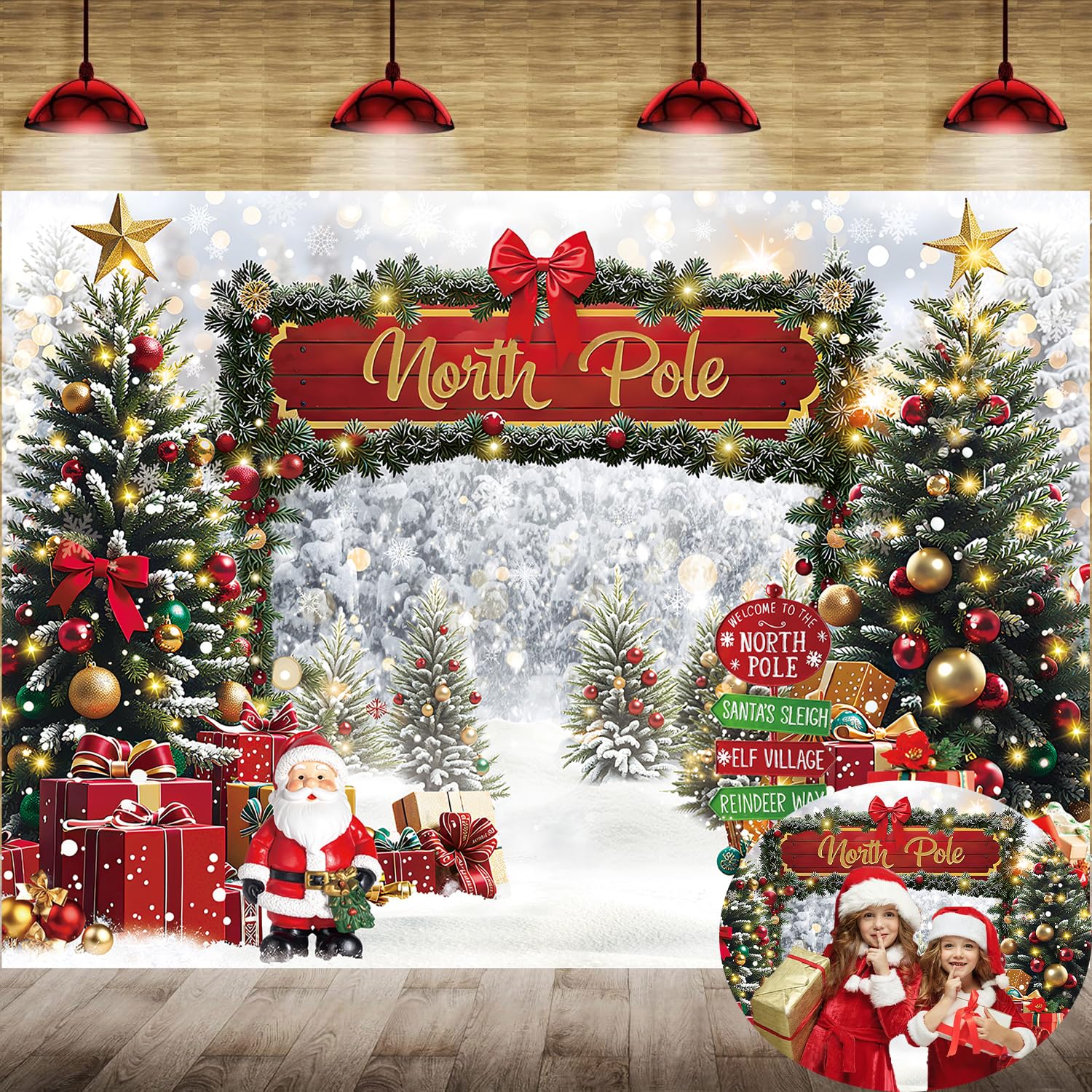 Photo 1 of Christmas North Pole Backdrop 7x5FT Winter Forest Snowy Xmas Tree North Pole Photography Background Christmas Santa Party Decorations Supplies Portrait Photo Props
