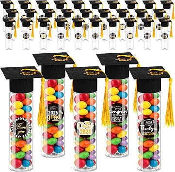 30 Sets 2026 Graduation Candy Tubes Graduation Party Candy Boxes Containers Grad Cap Jars with Tassels Stickers Clear Plastic Party Favors for Graduations DecorationsBlack