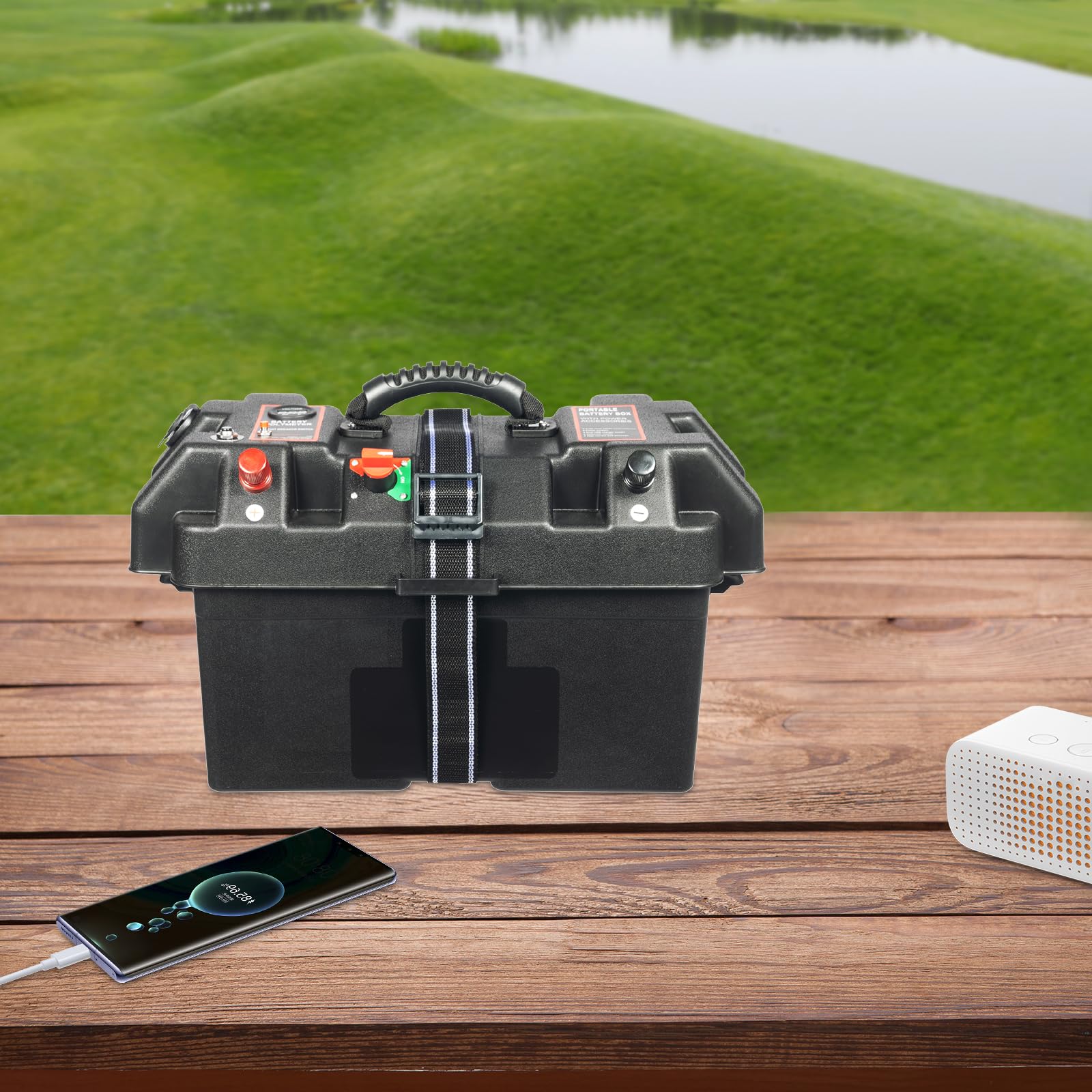 Batteriebox für Bootsmotor Elektromotor 12V Batterie Box mit USB Anschluss LED Anzeige für Schlauchboot Außenborder Elektro Boot Wohnmobil Camping