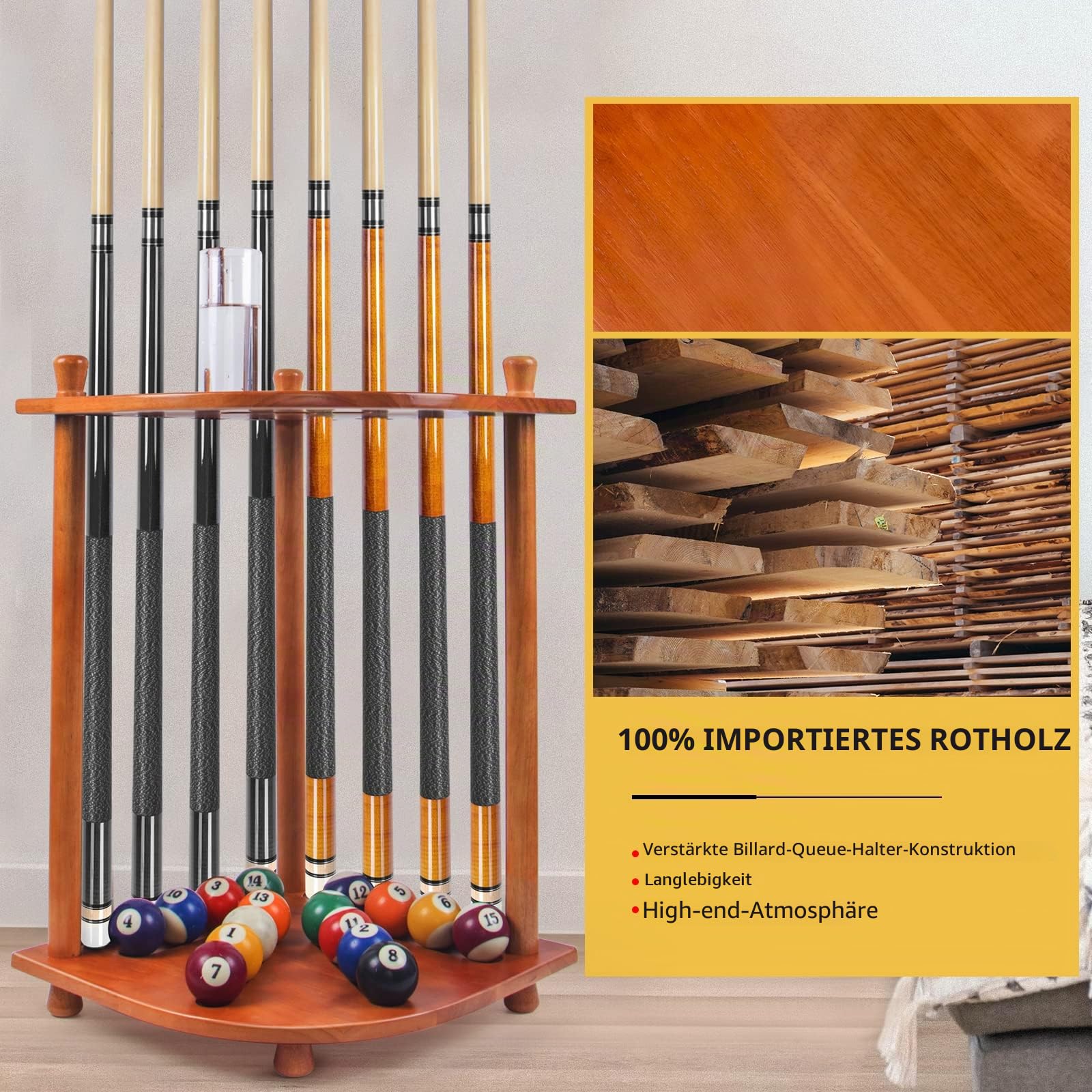 AKLOT Pool Queue Halter, Pool Queue Rack Billard Queue Racks mit Pool Stick Halter Getränkehalter 16 Kugelhalter hält 8 Sticks und komplettes Set Poolkugeln