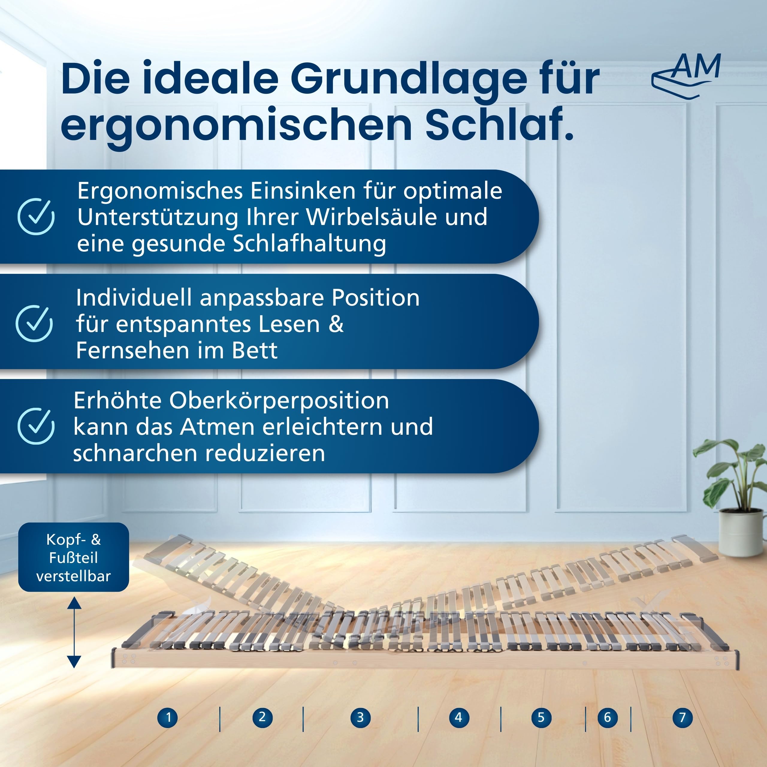 AM Qualitätsmatratzen 7 Zonen Lattenrost 100x200 verstellbar mit 44 Federleisten - Made in Germany - Verstellbarer Lattenrost 100x200 - Kopf und Fußteil - Holmabsenkung für Schulter und Becken