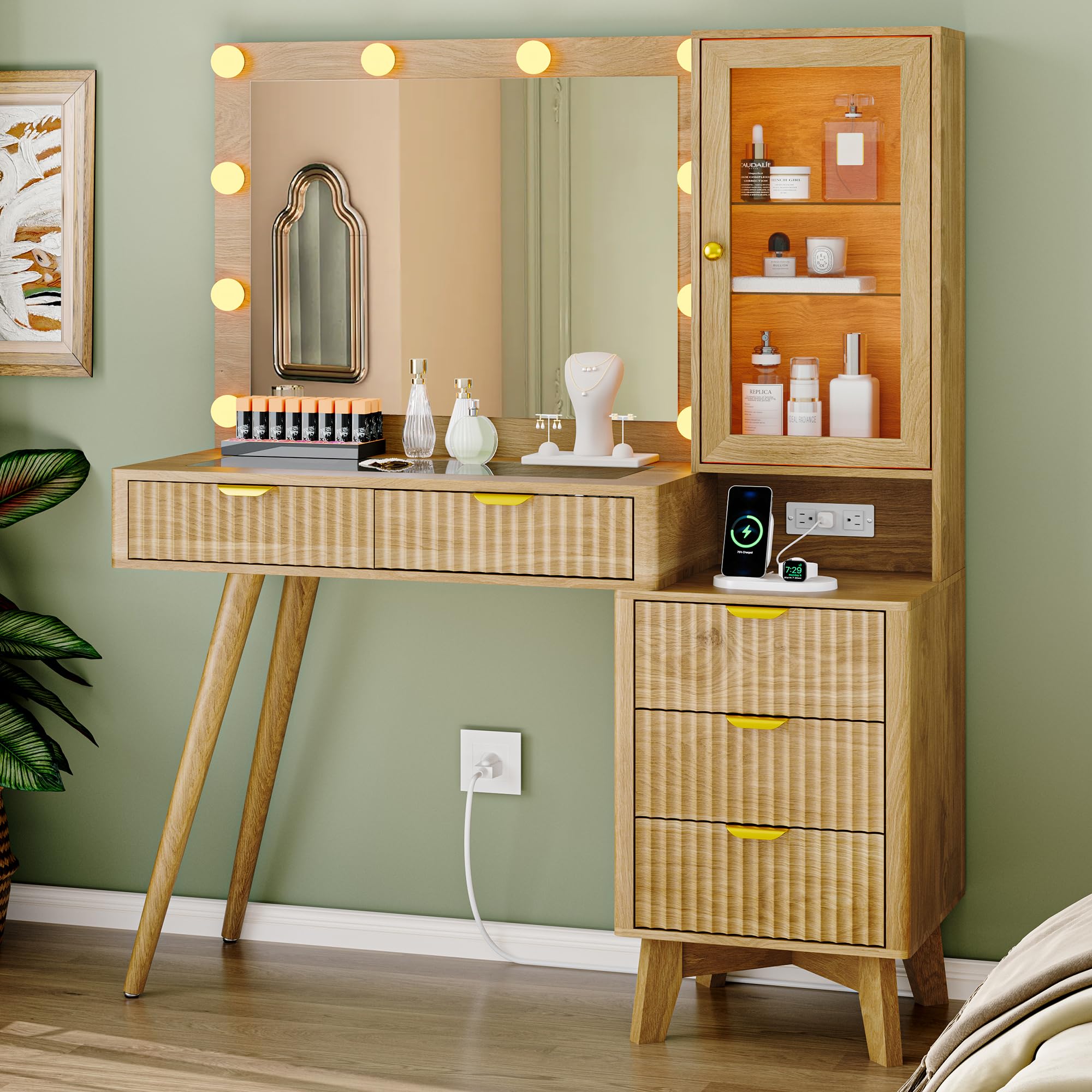 Fluted Vanity Desk with Mirror and Lights, 45" Glass Top Makeup Table Set with 5 Drawers, Power Outlet & Storage Cabinet, Large Dressing Table with RGB Ambient Light for Bedroom Women Girls, Oak