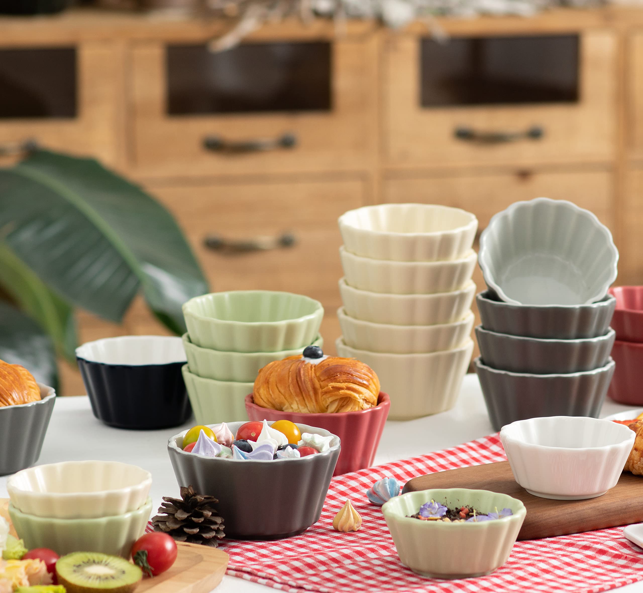 LUSTIDE Ceramic Ramekins 8 oz Oven Safe, Porcelain Souffle Custard Cups,Dishwasher Safe and Microwave Safe, Flower-Shaped Condiments Cups, Creme Brulee,Set of 6,Mini Bowls,White and Navy.